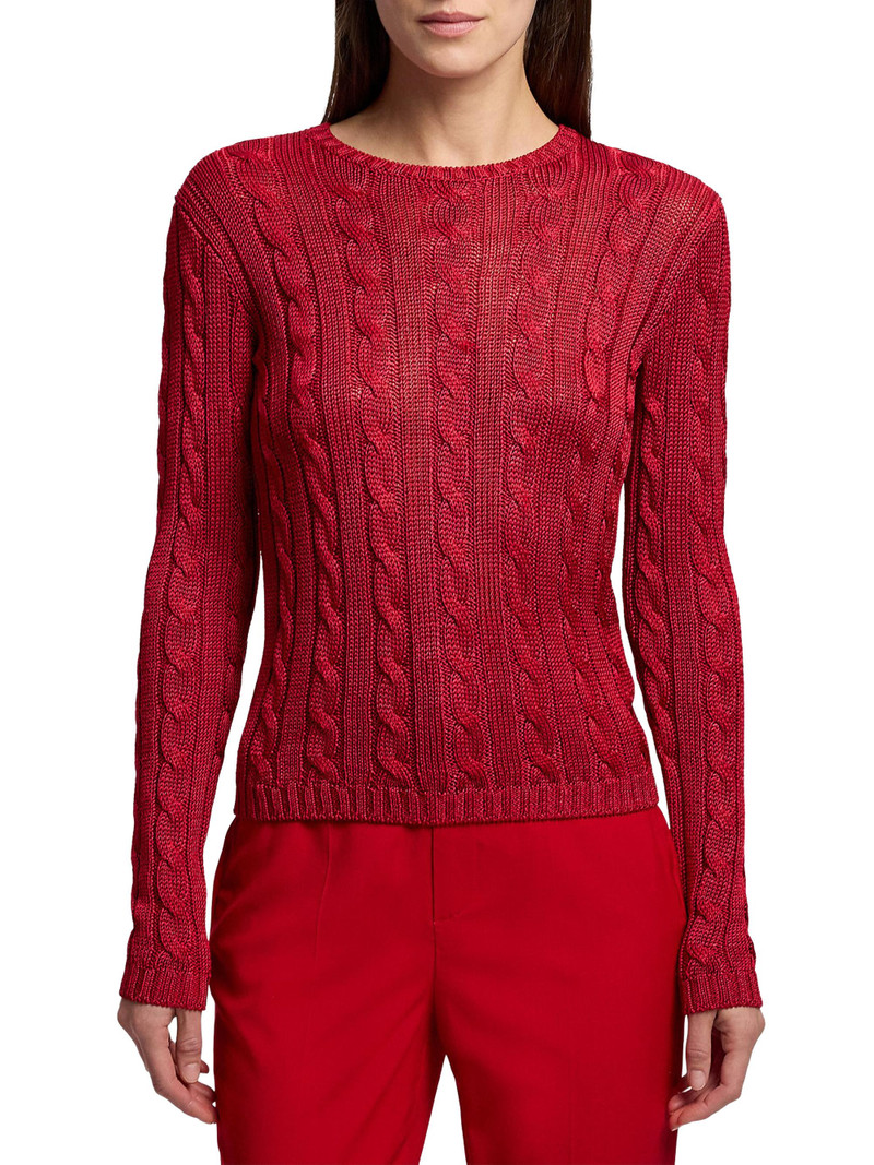 Women's Cable-Knit Silk Crewneck Sweater - Bright Red 3