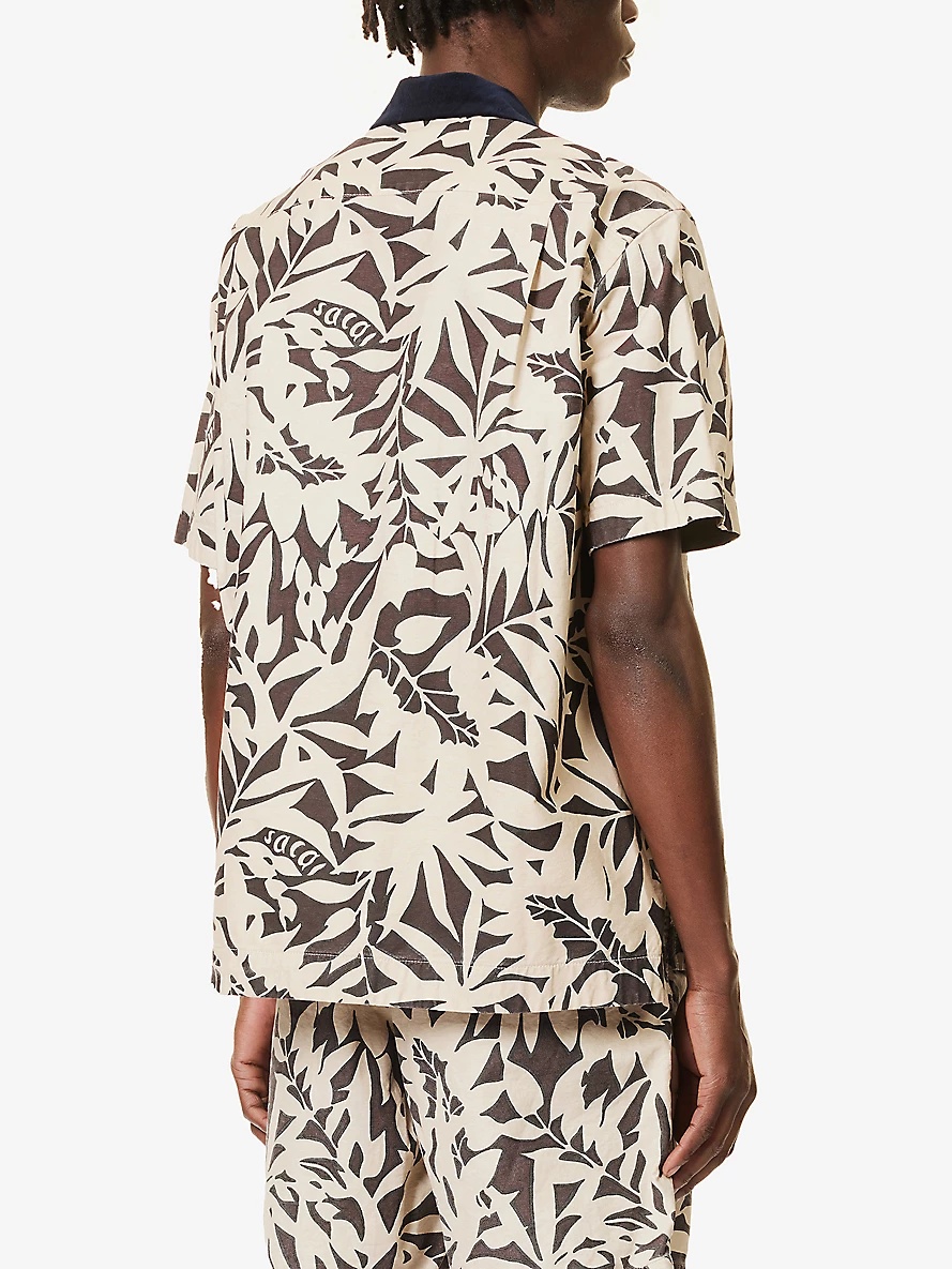 Leaf-print contrast-collar cotton shirt - 4