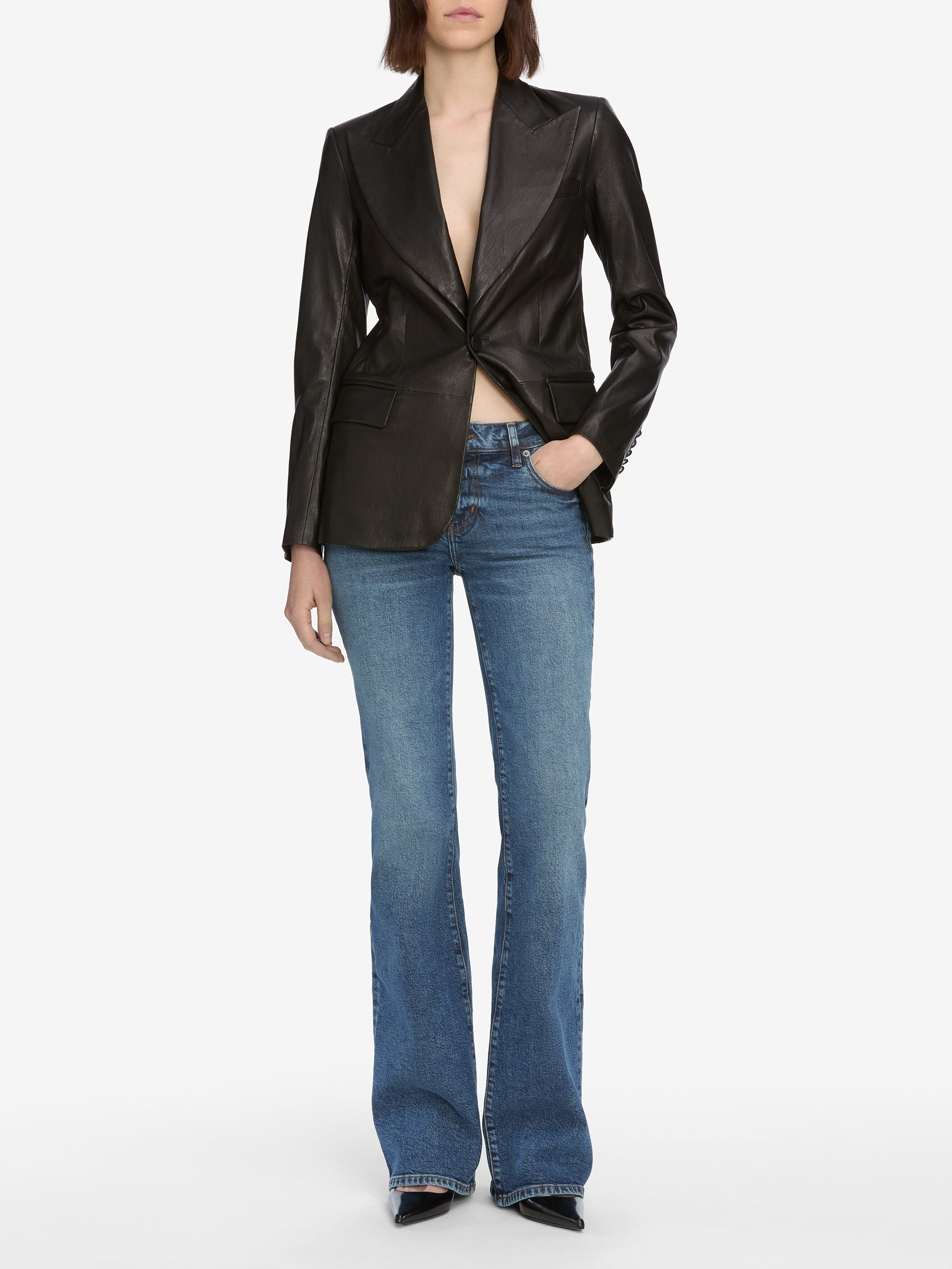 The Peak Lapel Leather Blazer in Black - 2