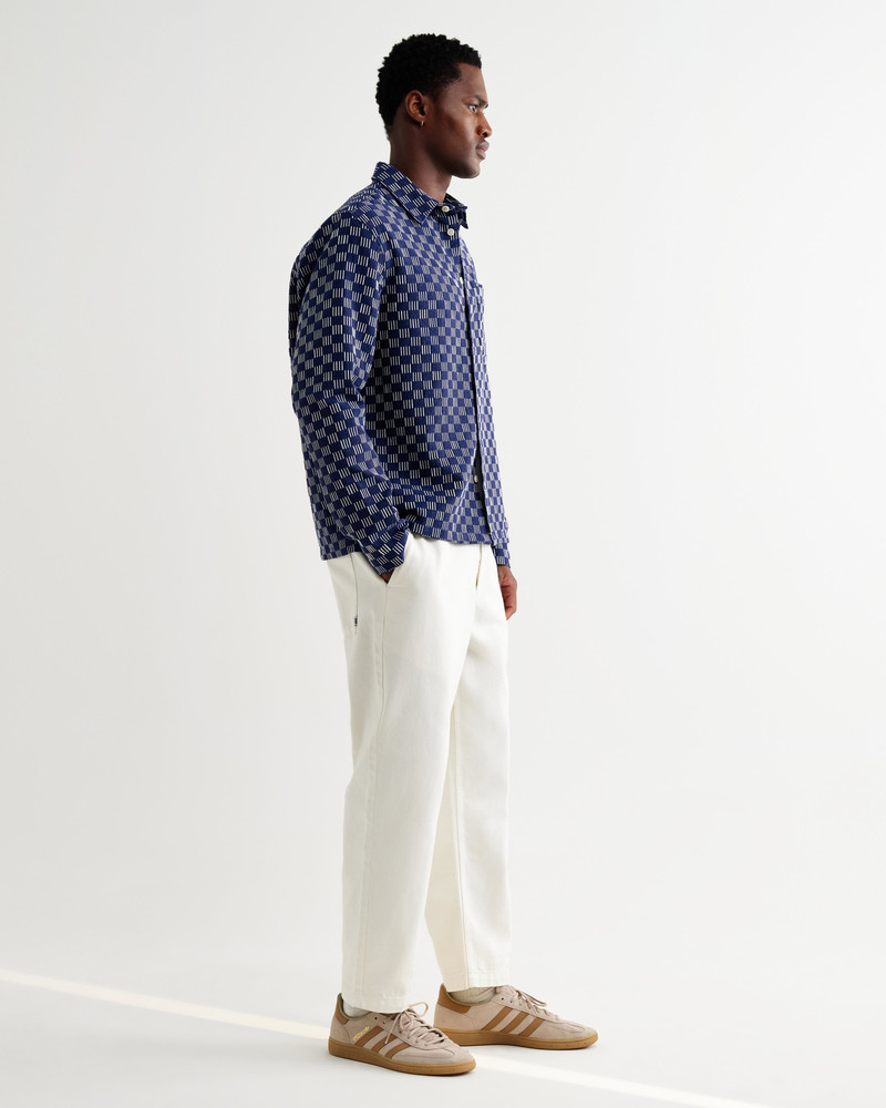 Breton - Indigo And Ecru Geometric Grid Stitch Overshirt 6