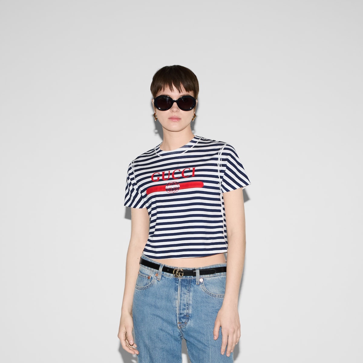 Striped cotton jersey T-shirt with Gucci print - 3