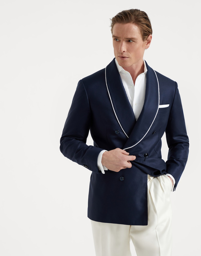 Silk diagonal one-and-a-half breasted tuxedo jacket with shawl lapels and piping 1