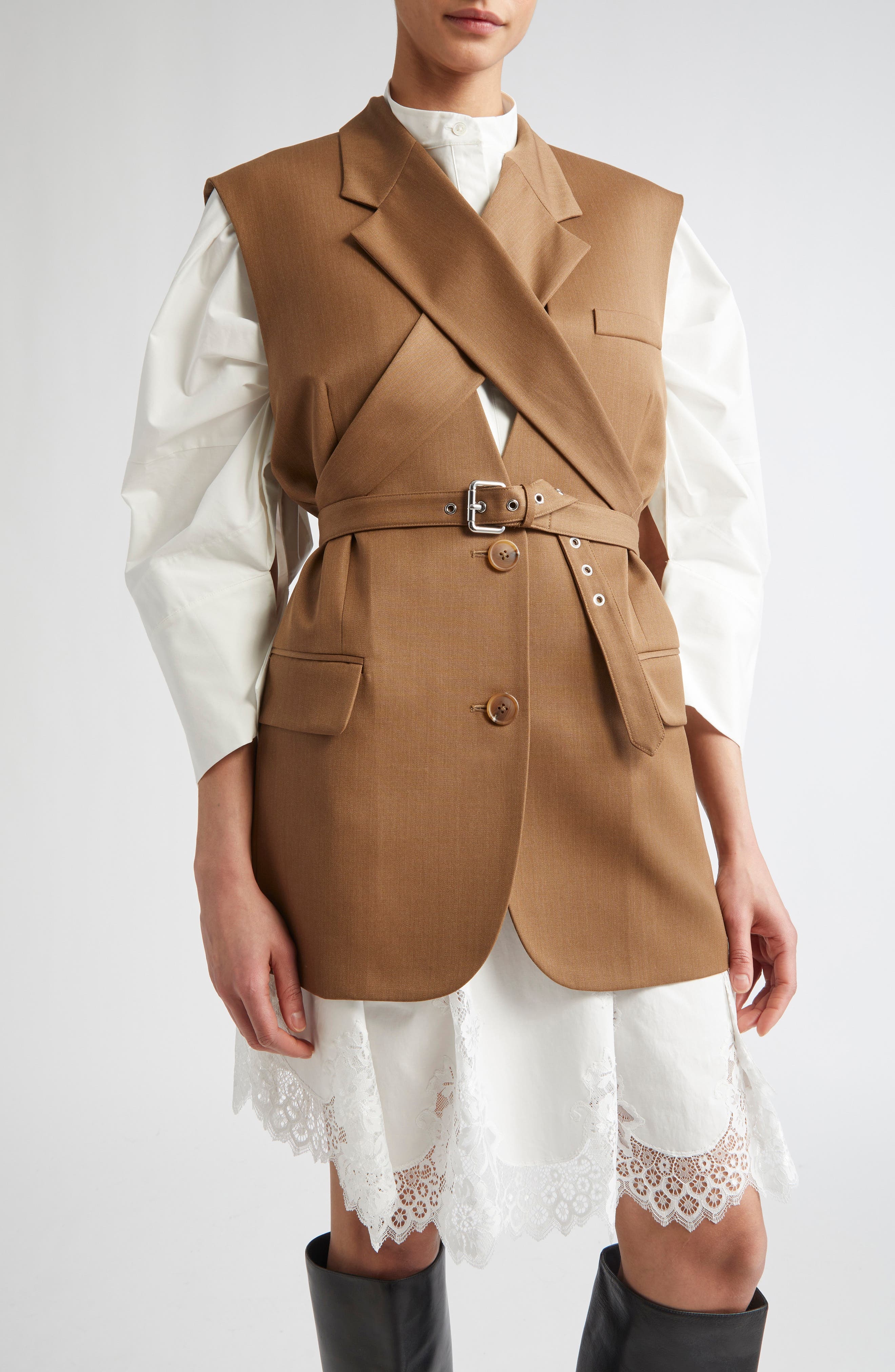 MONSE Crisscross Belted Wool Jacket in Tan at Nordstrom - 5