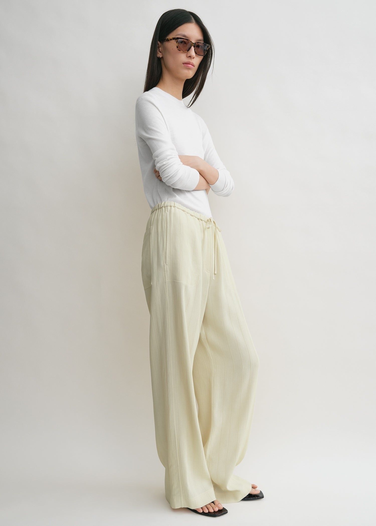Woven stripe drawstring trousers ecru - 3