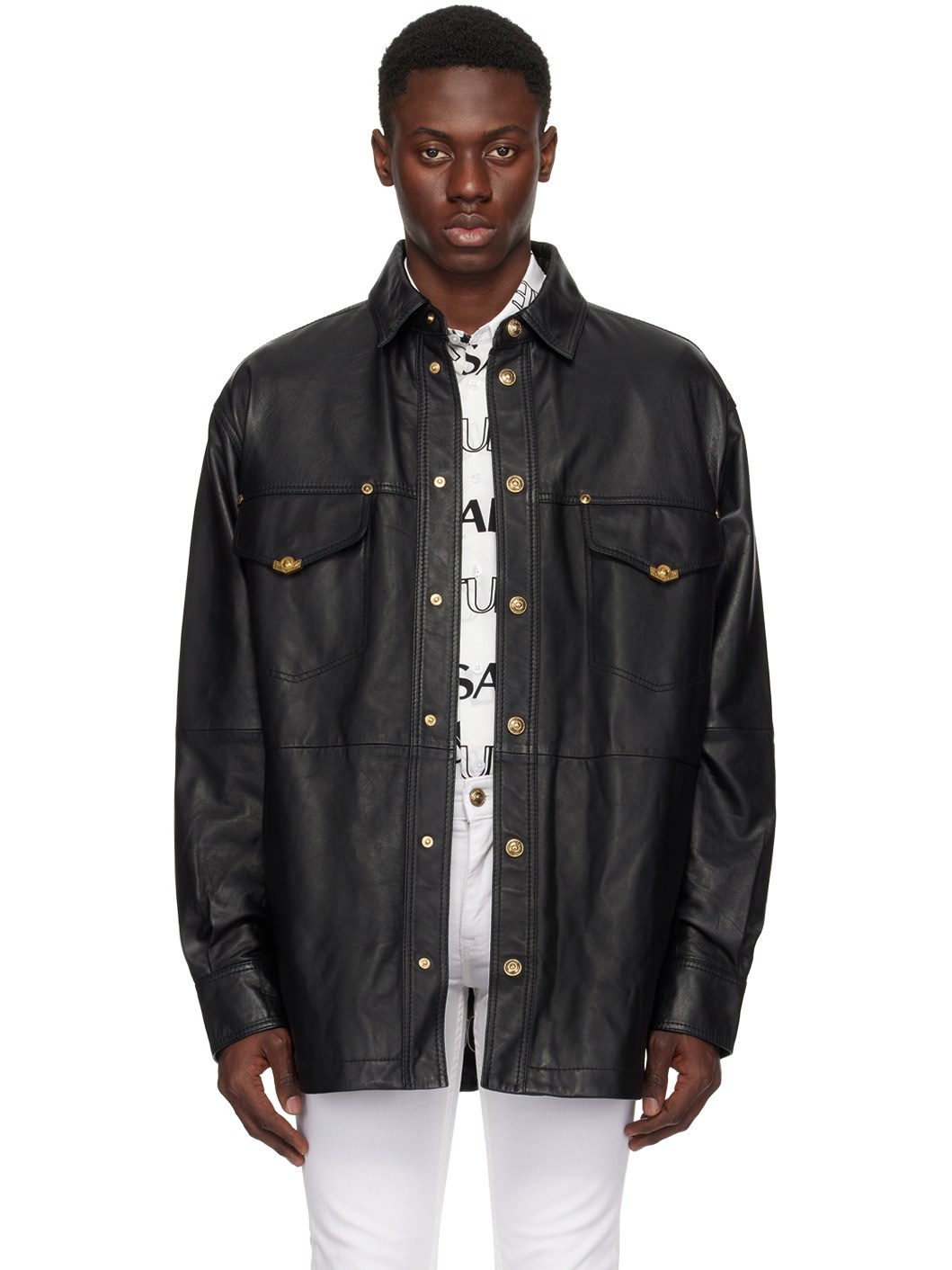 Black V-Emblem Leather Jacket - 1