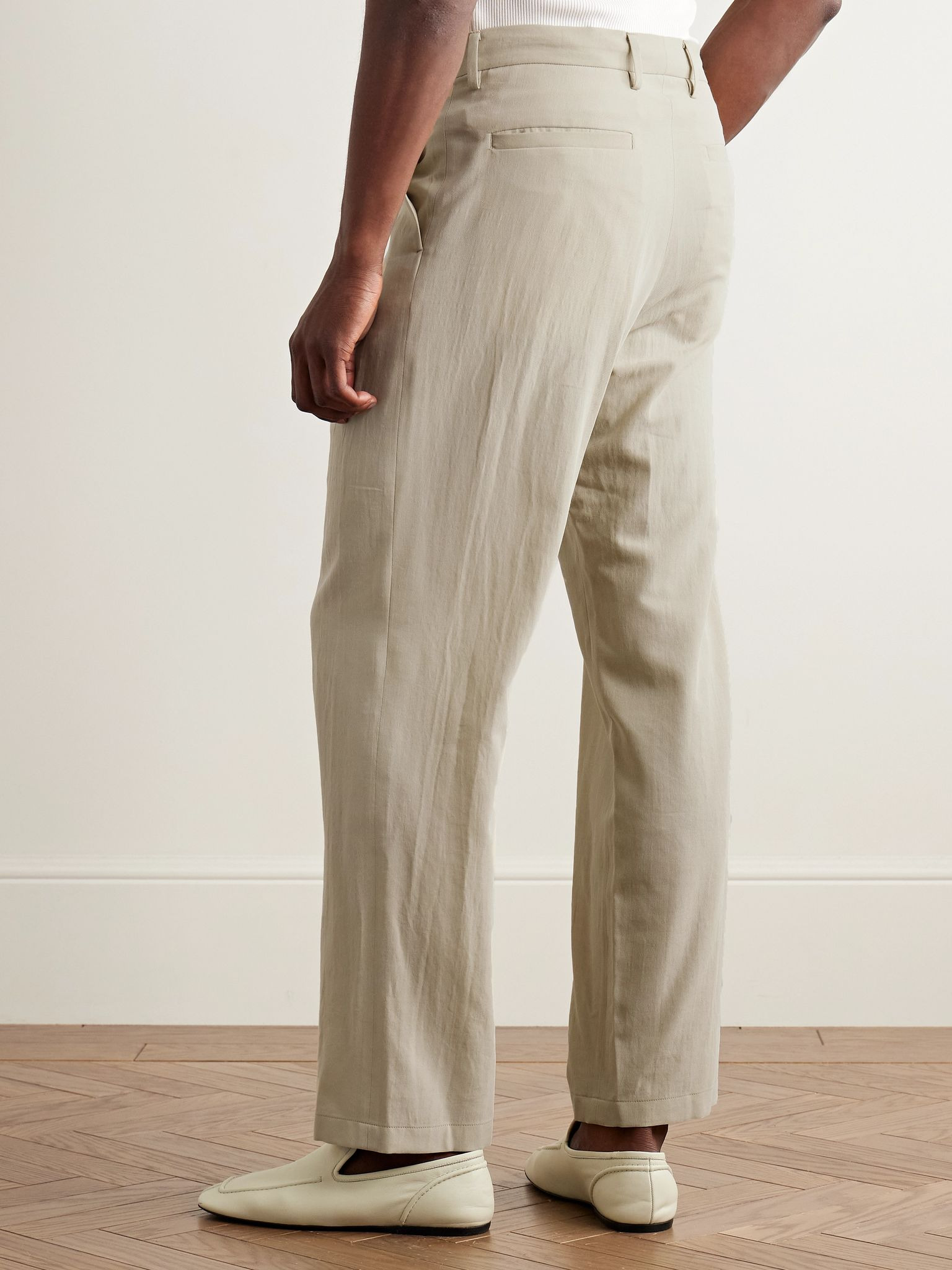 Straight-Leg Pleated Cotton and Wool-Blend Gabardine Trousers Beige - 4