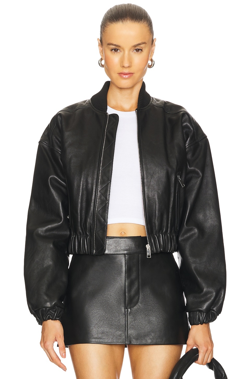 Cropped Leather Bomber Jacket - 1