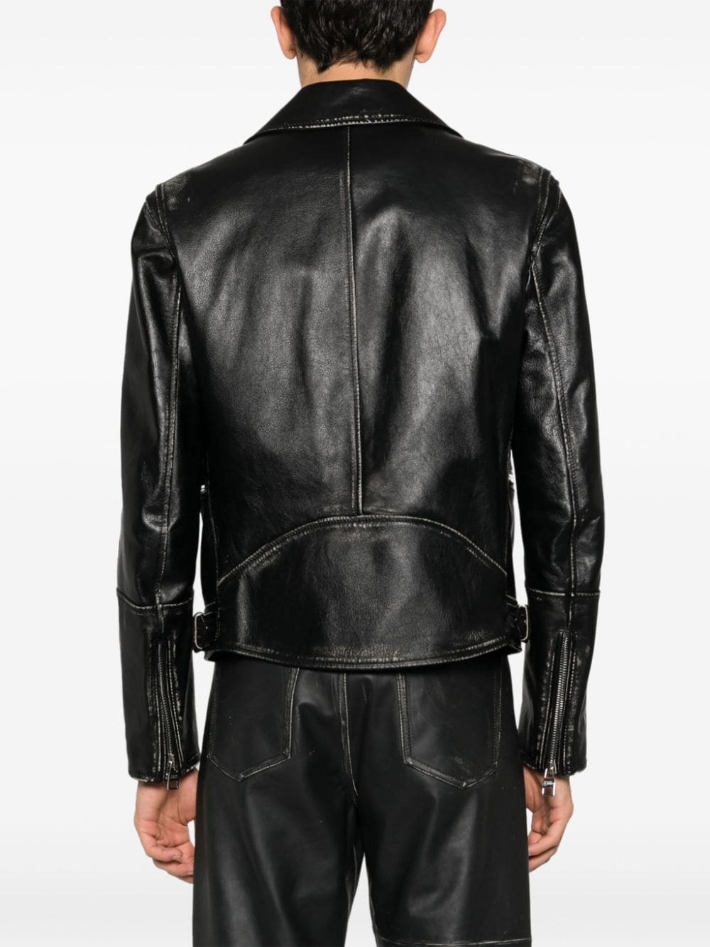 zipped leather biker jacket - 4