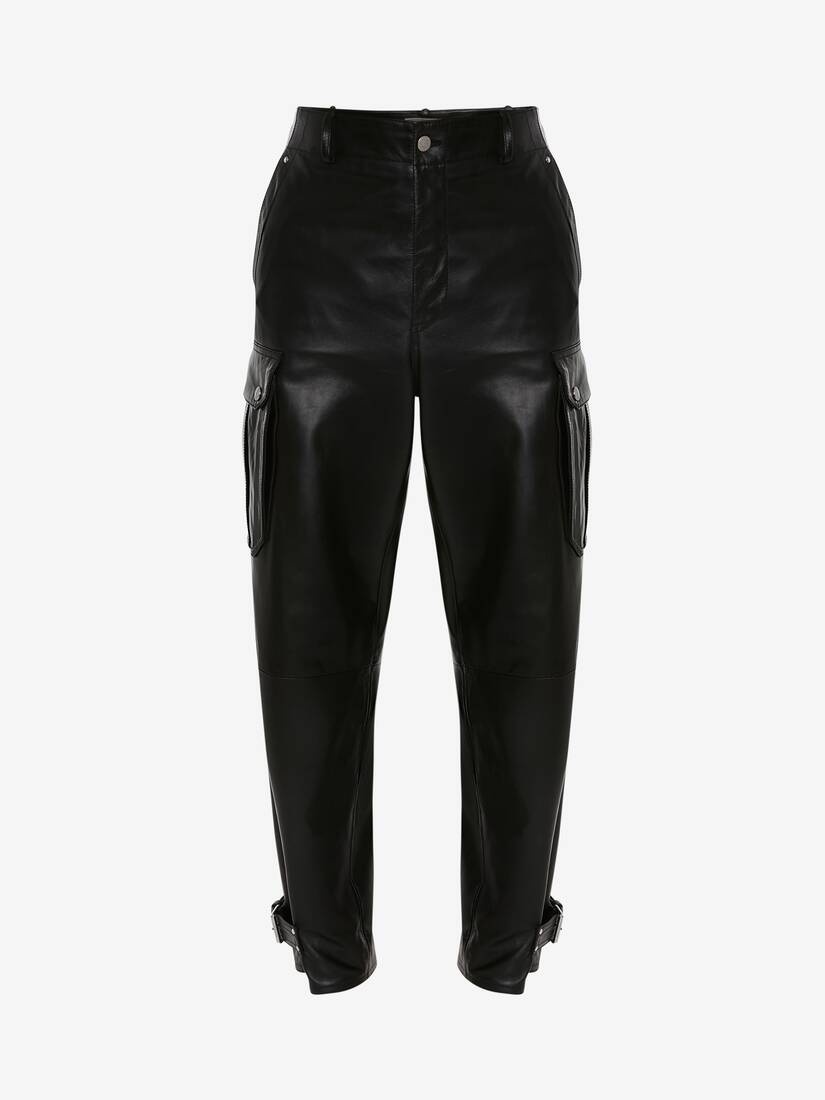 Men's Leather Cargo Trousers in Black - 1