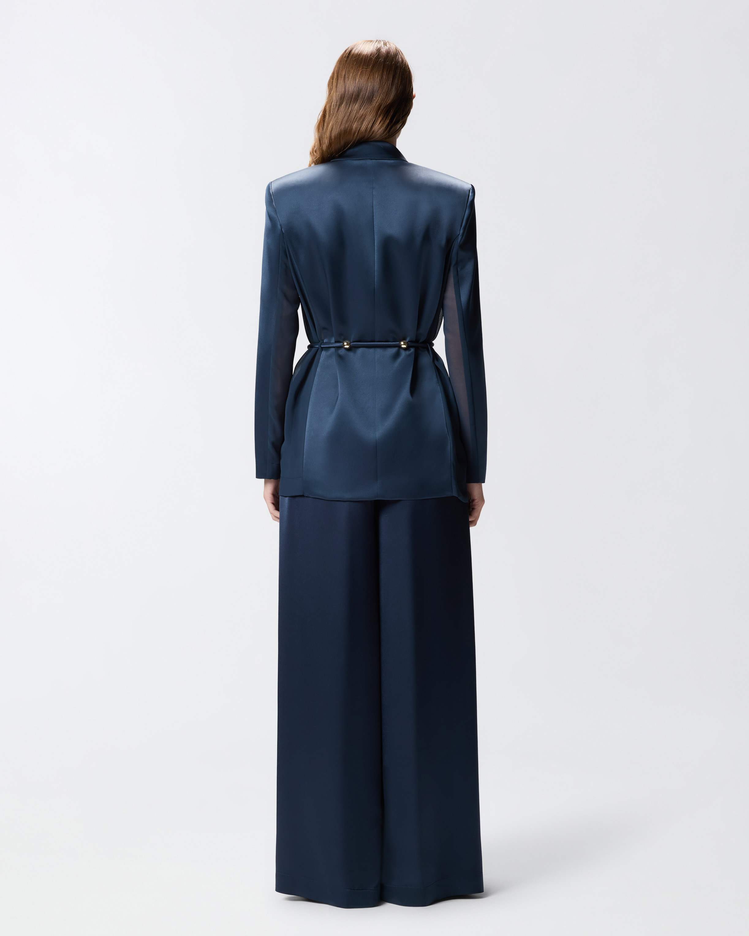 GLOSSY SATIN BLAZER WITH BELT AND SPHERE ACCENT - 4