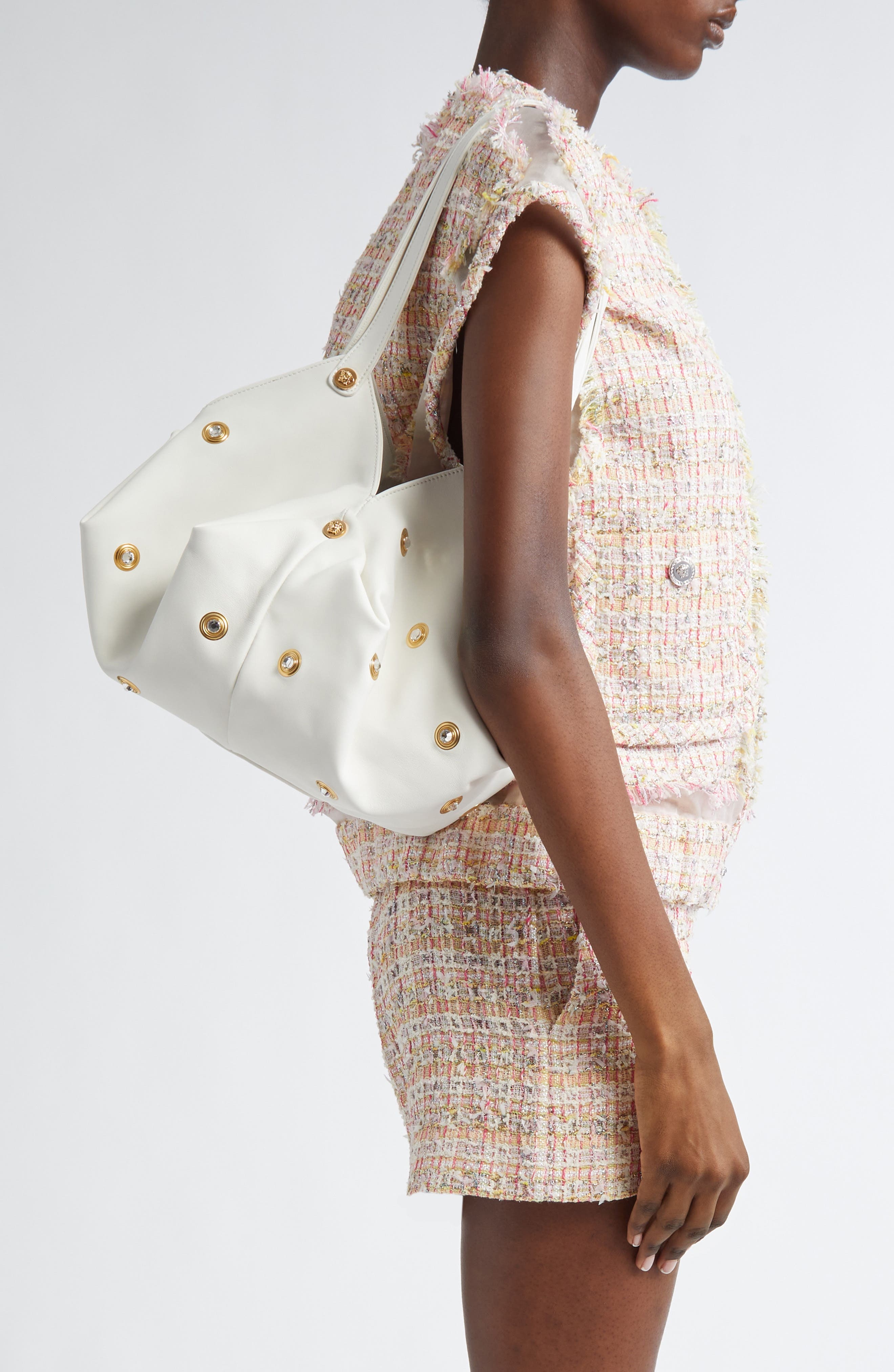 Versace Protea Crystal Stud Leather Shoulder Bag in Porcelain White Gold at Nordstrom - 2