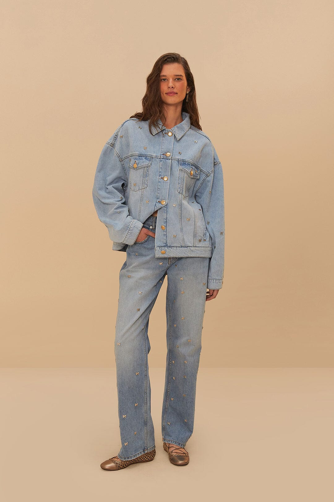 Denim Embroidered Bows Pants - 3