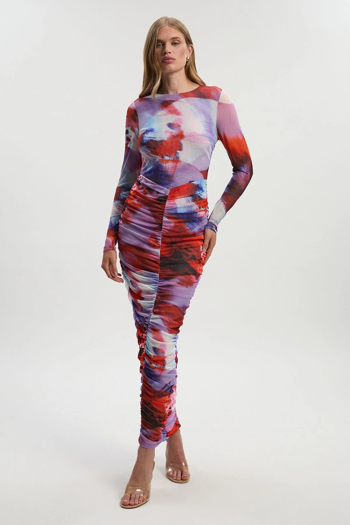 Floral Printed Mesh Ruched Long Sleeve Maxi Dress - 1