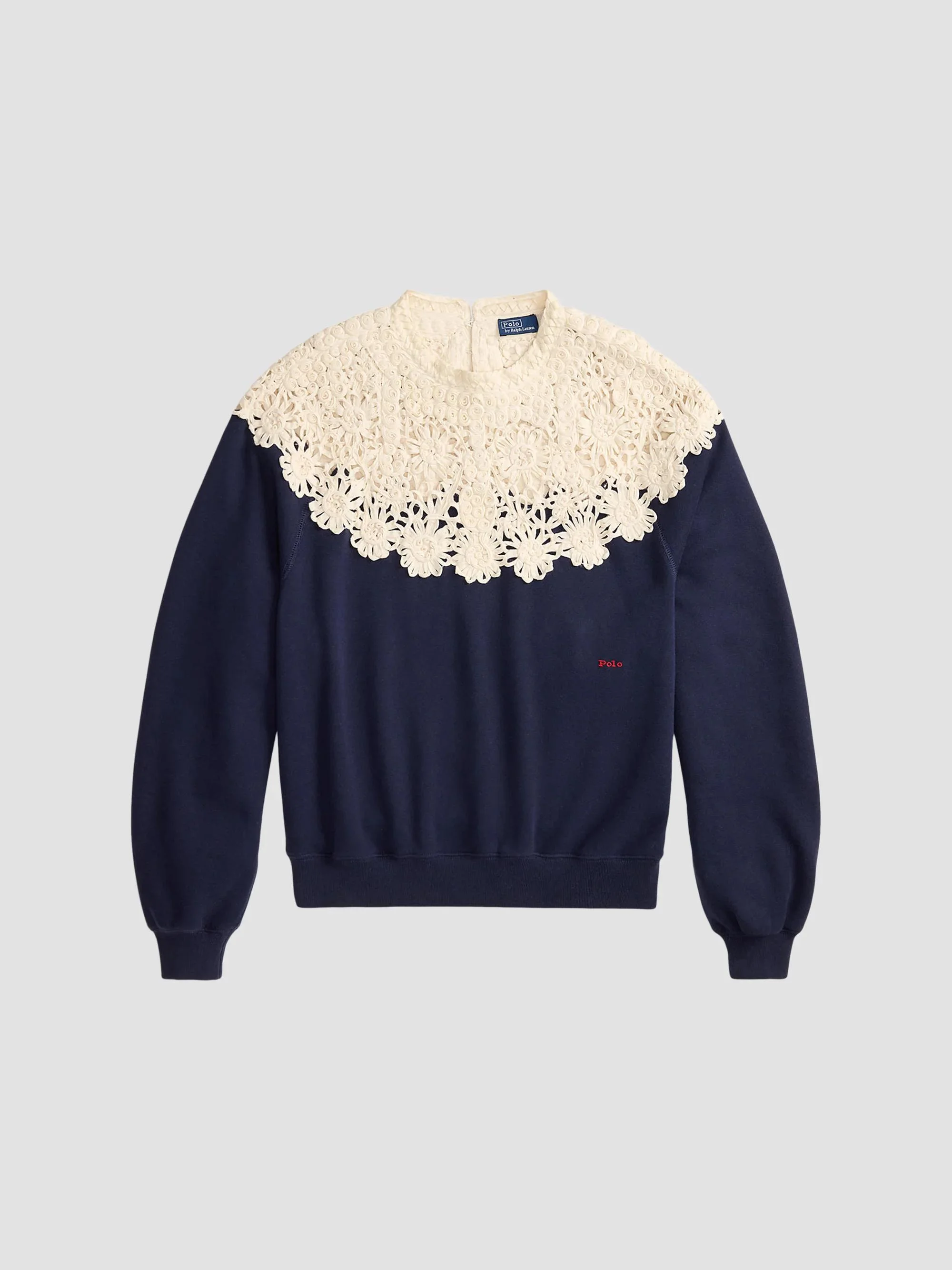 Women's Crochet-Yoke Fleece Crewneck Sweater - Navy - 1