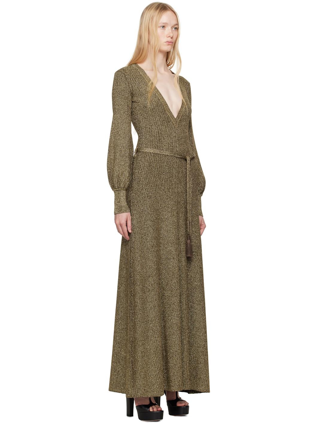 Gold & Brown Long V-Neck Open Back Maxi Dress - 2