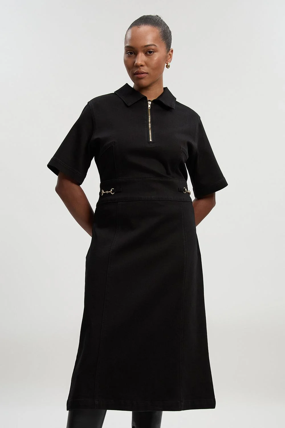 Plus Size Stretch Denim Snaffle Trim Collared Midi Dress - 1