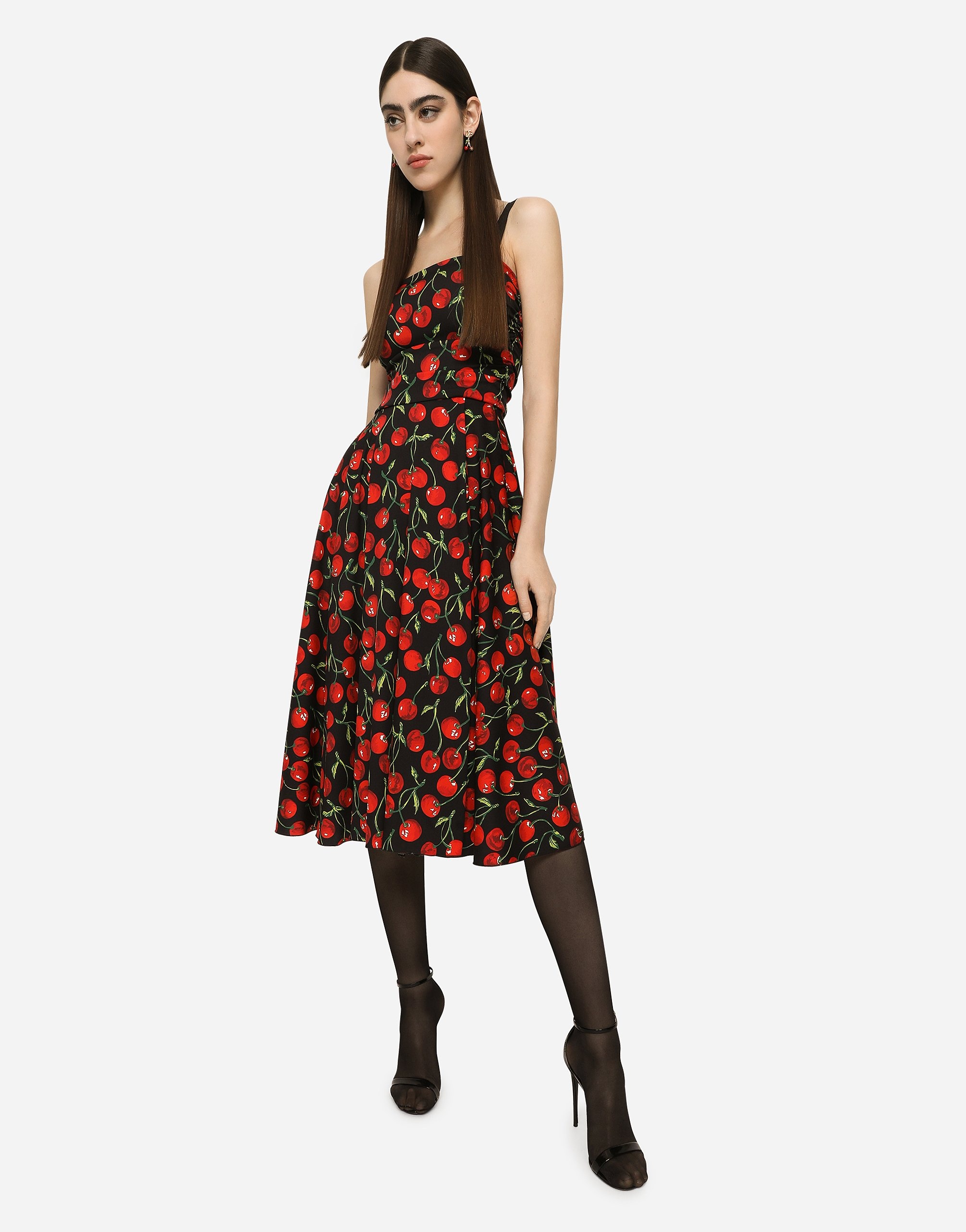 Cherry-print charmeuse calf-length dress - 2