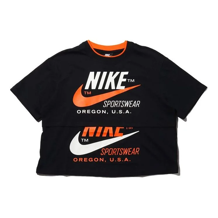 (WMNS) Nike logo Splicing Short Sleeve US Edition Black CJ2040-010 - 1
