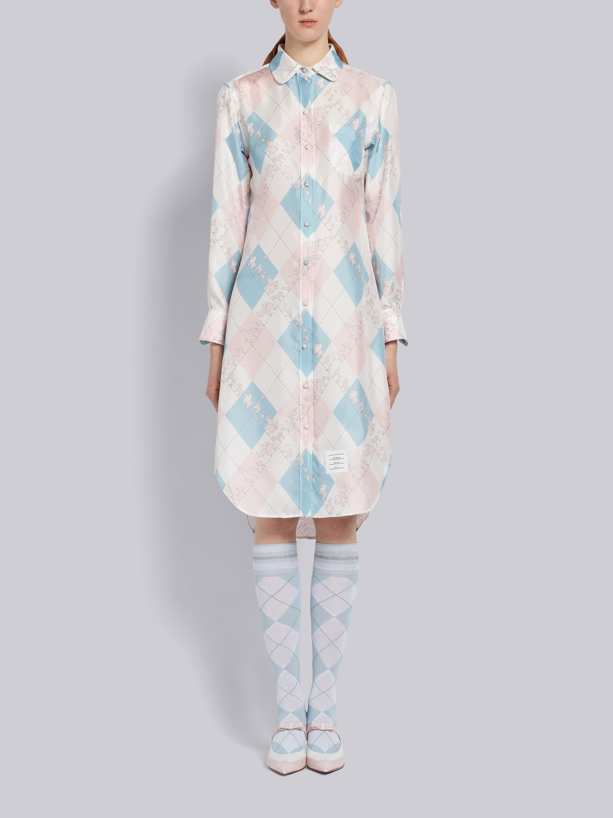 Light Blue and Pink Silk Argyle Print Animal Icon Round Collar Classic Long Sleeve Shirtdress - 1