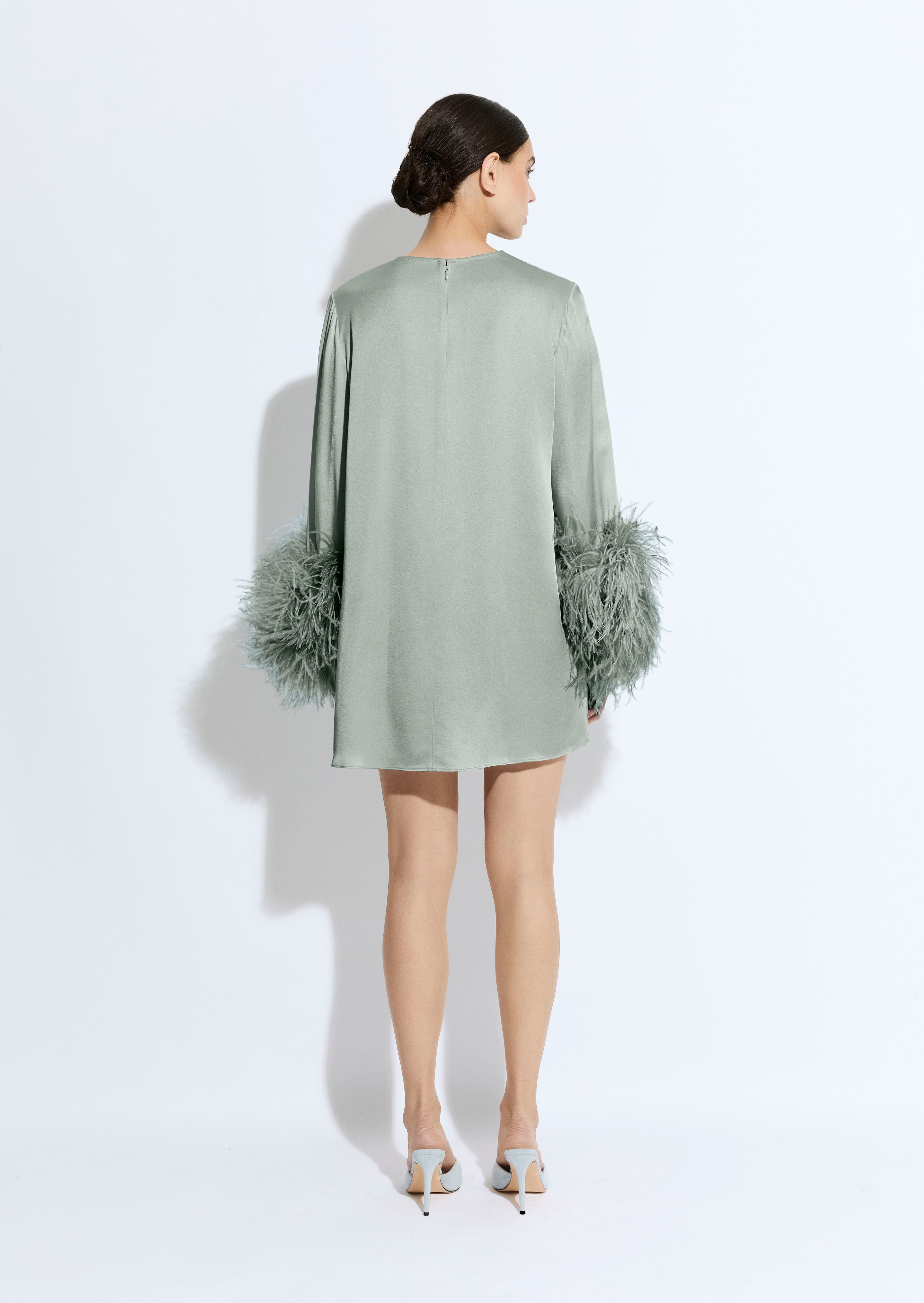 Satin Shift Dress With Feathers - 3