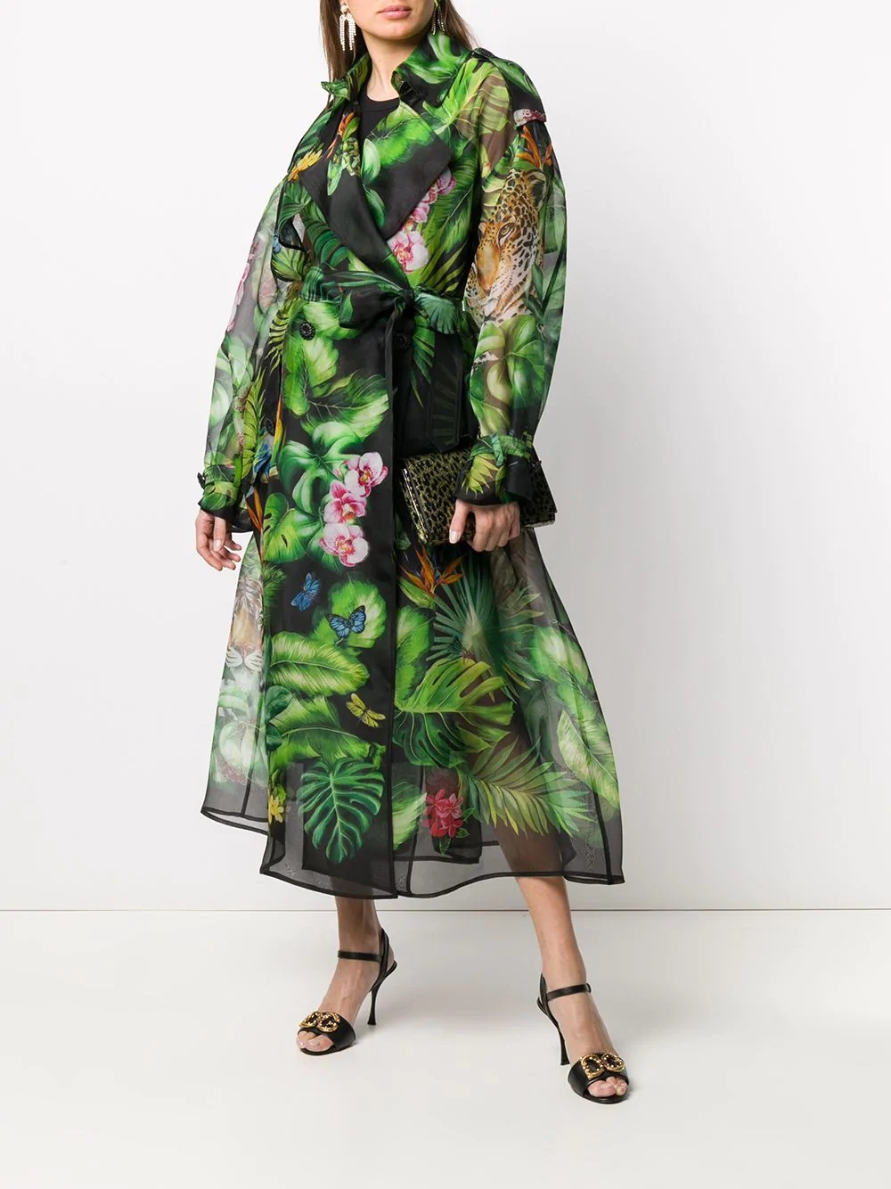 botanical-print sheer trench coat - 2