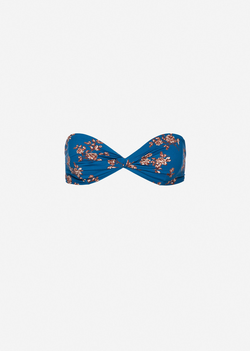 Twisted bandeau swim top in blue floral print 1