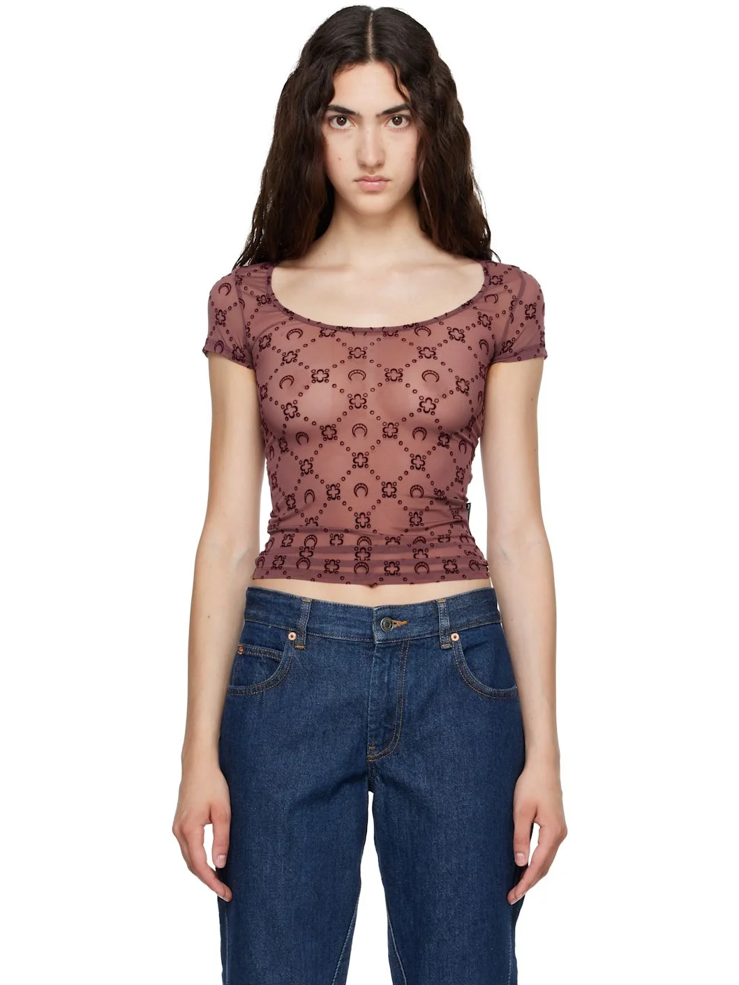 Burgundy Moonogram Mesh Flock T-shirt - 1