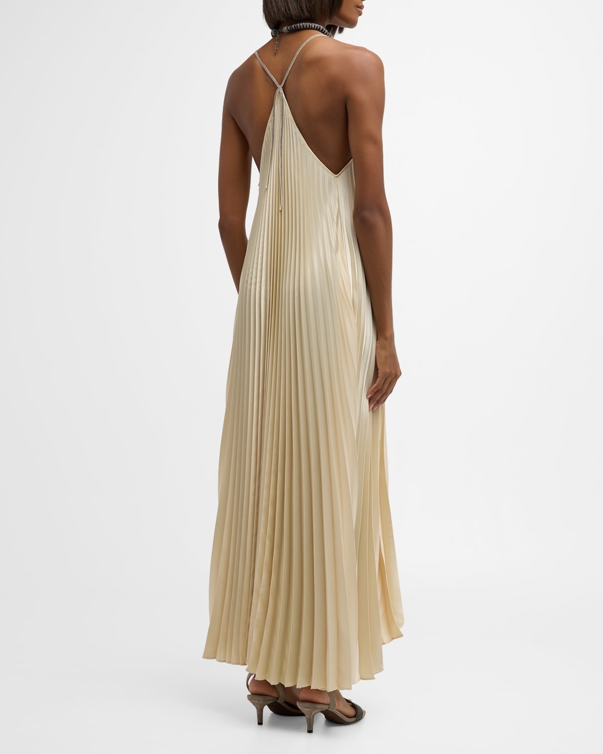 Brunello Cucinelli Soft Satin Pleated Midi Dress with Monili Strap ...