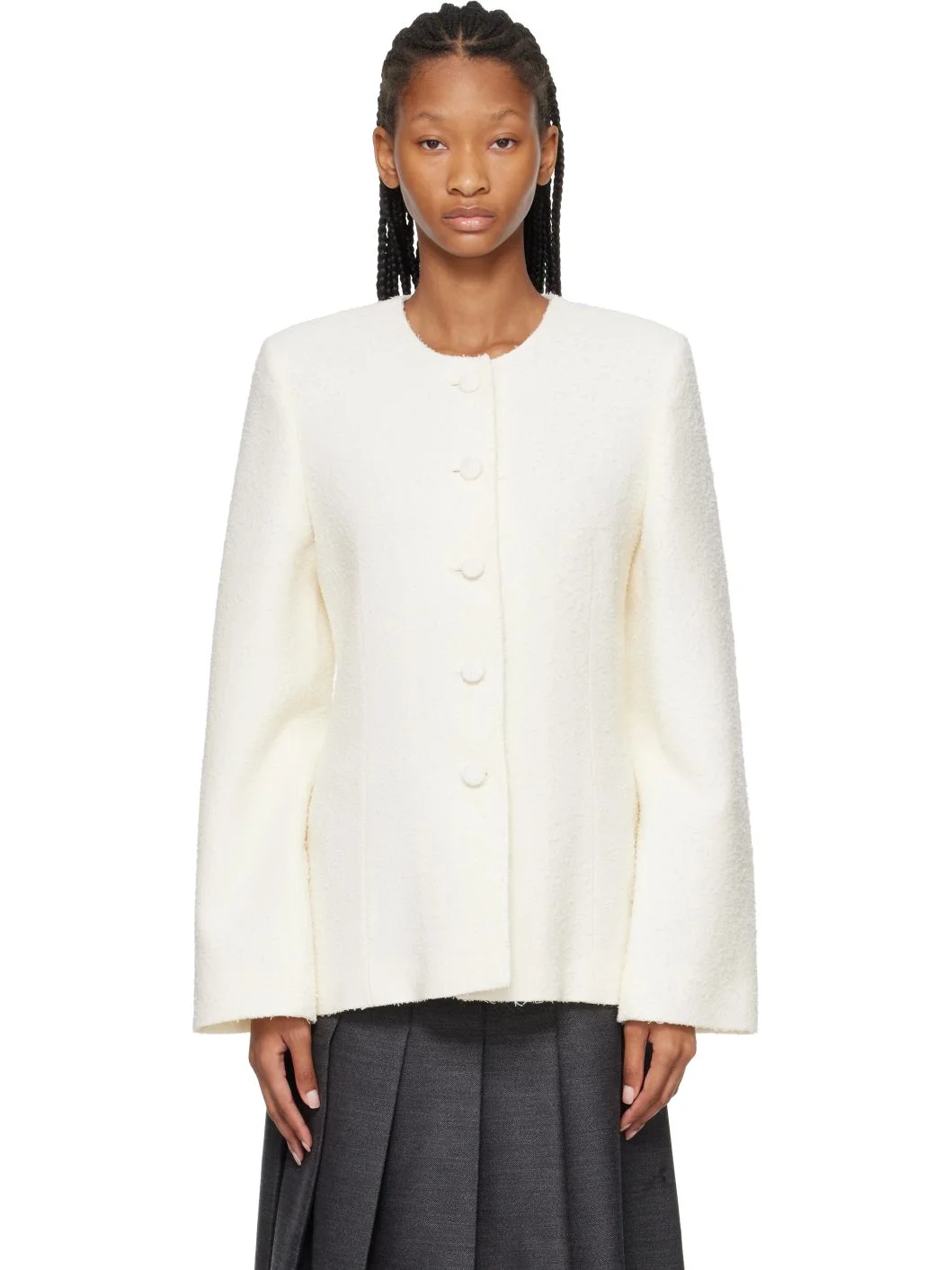 White Bouclé Shaped Blazer - 1