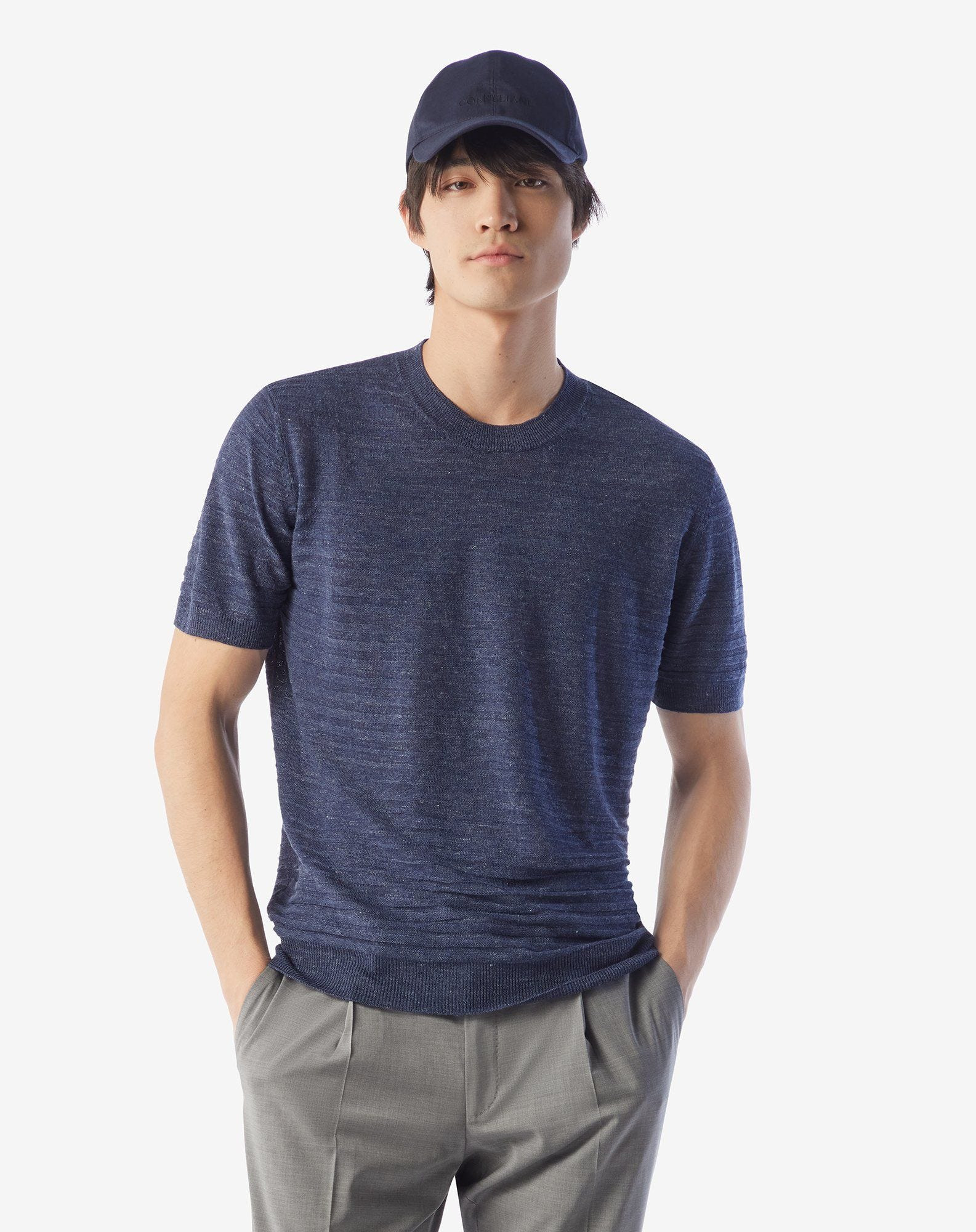 Denim blue crew neck linen and silk knitwear - 2