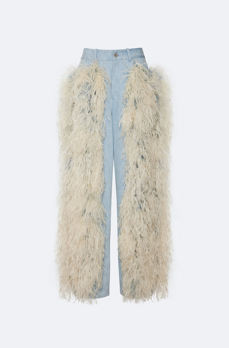 Washed Denim Straight Leg Pant With Feathers - 1