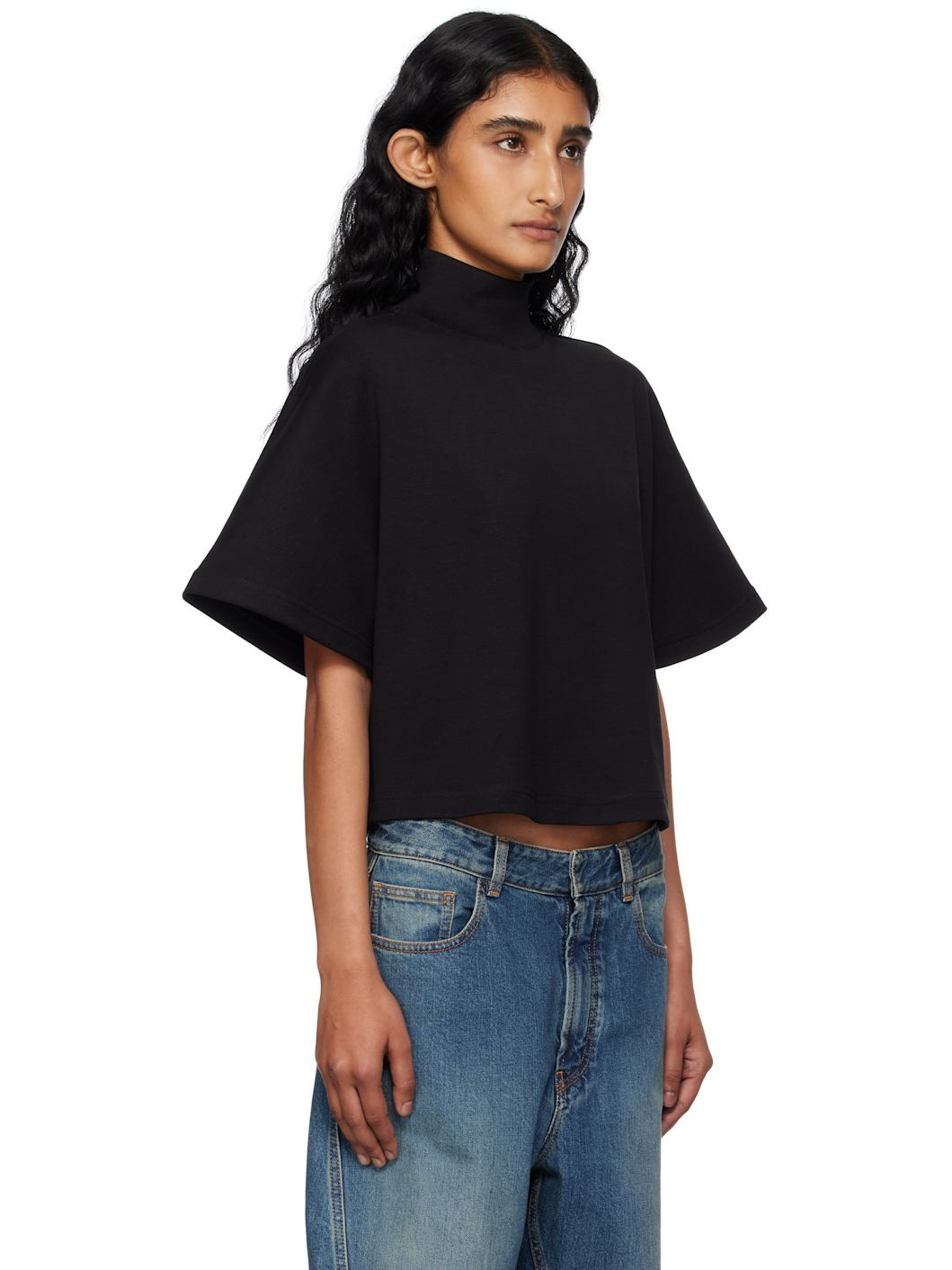 Black Ribbed Cotton High Neck T-shirt - 2