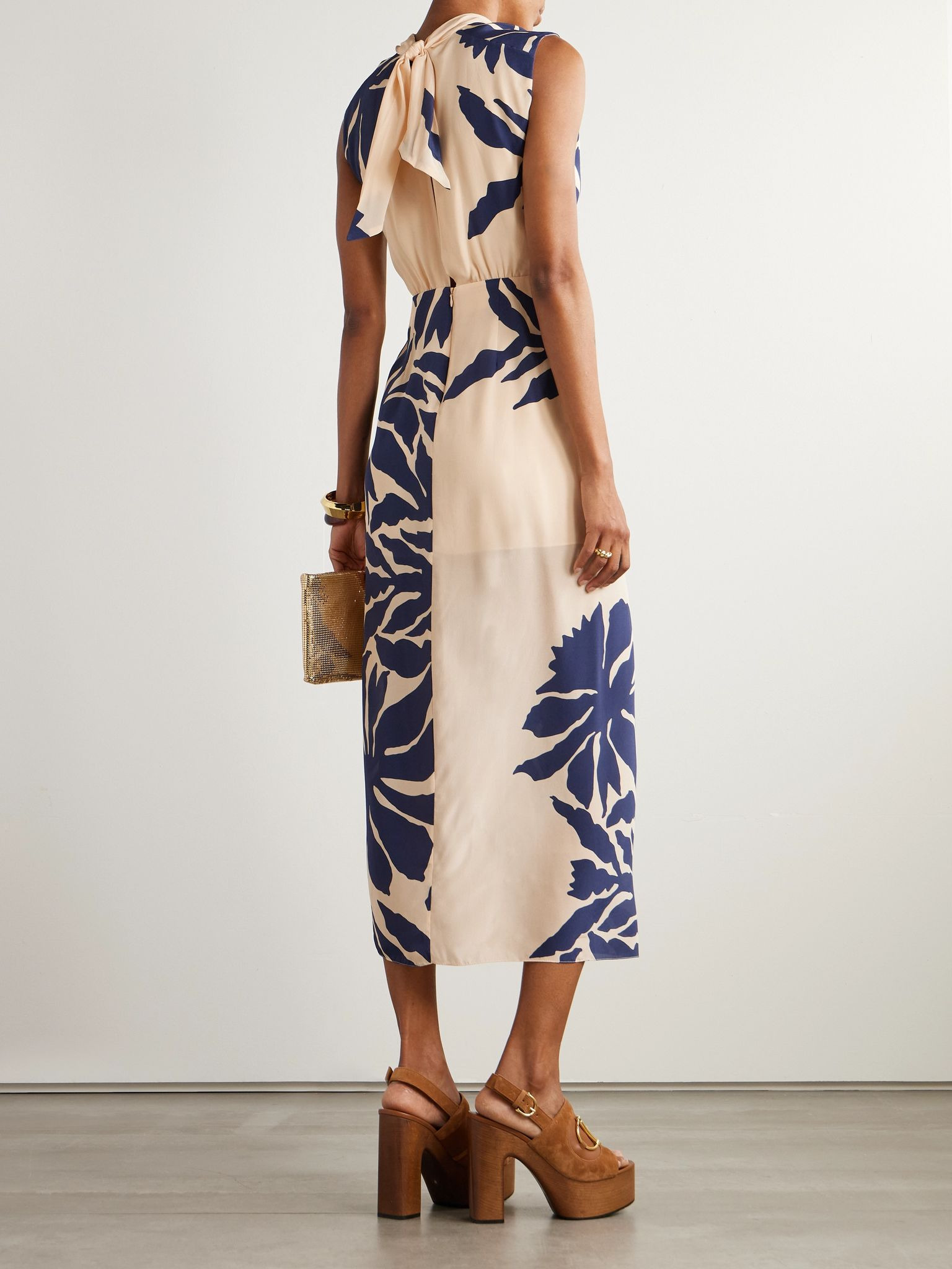City Wonders tie-front cutout draped printed silk crepe de chine midi dress Ivory - 3