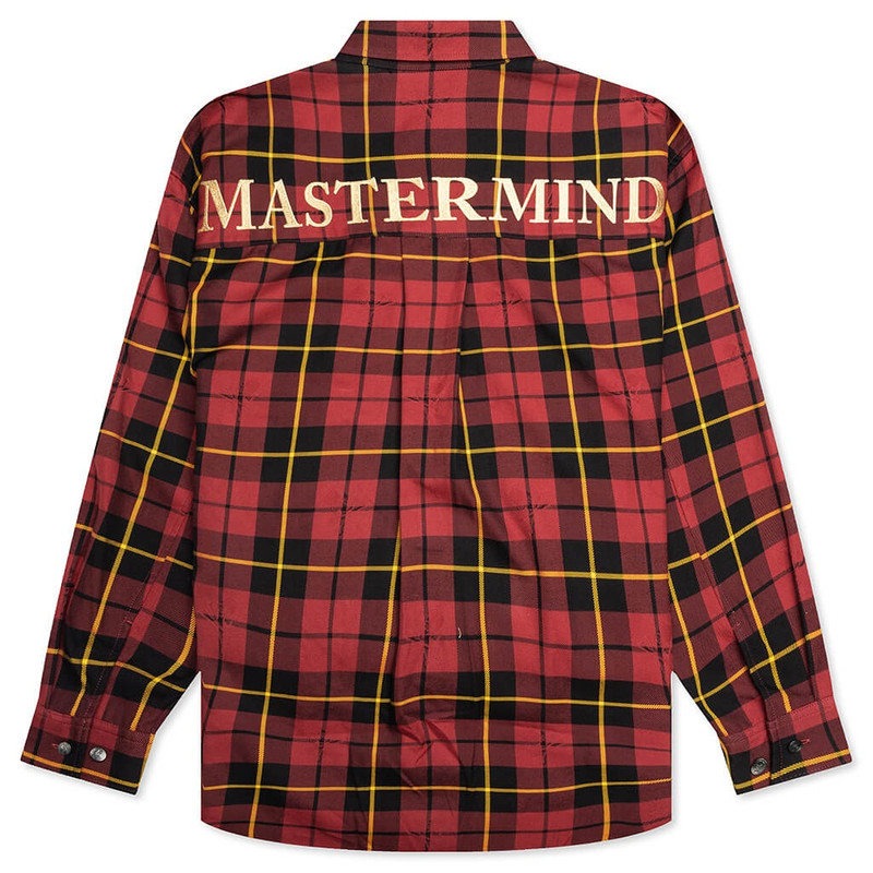 MASTERMIND WORLD PLAID LONG SLEEVE WOVEN SHIRT - BURGUNDY PLAID outlook