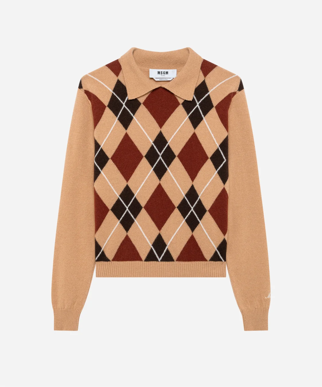 Cashmere wool blend sweater with argyle pattern and collar - 1