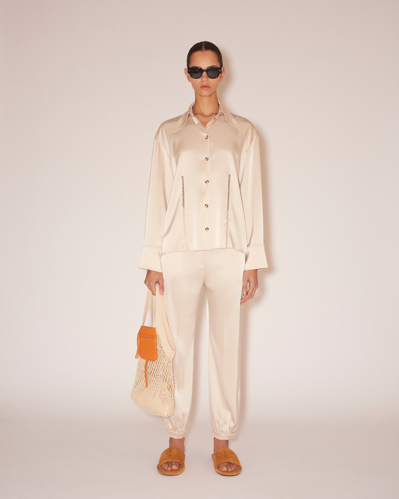 CAIO - Slip-satin ladder-stitch shirt - Creme - 4