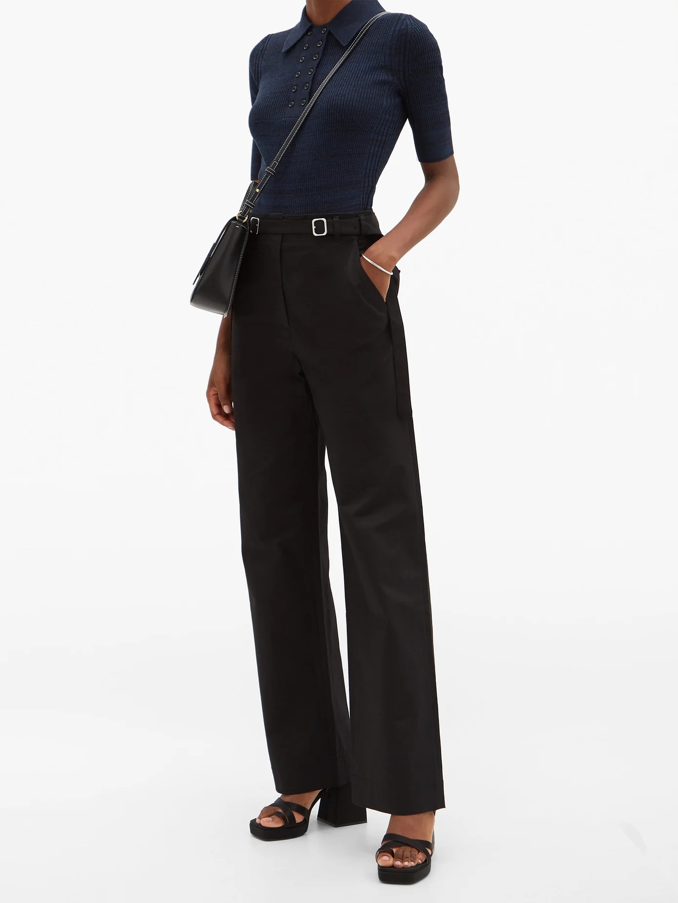 Belted cotton-blend wide-leg trousers - 2