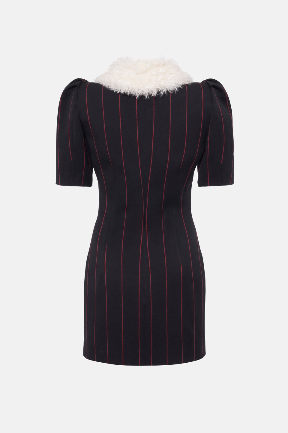LIGHT WOOL PINSTRIPE MINI DRESS W/ WOOL FUR COLLAR - 2