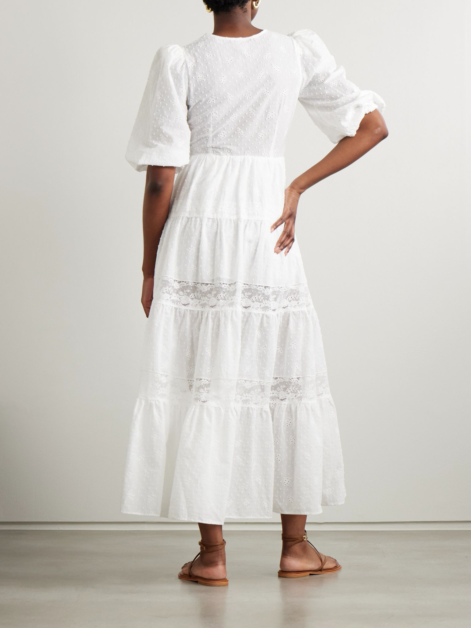 Poppi lace-trimmed tiered broderie anglaise cotton maxi dress White - 3