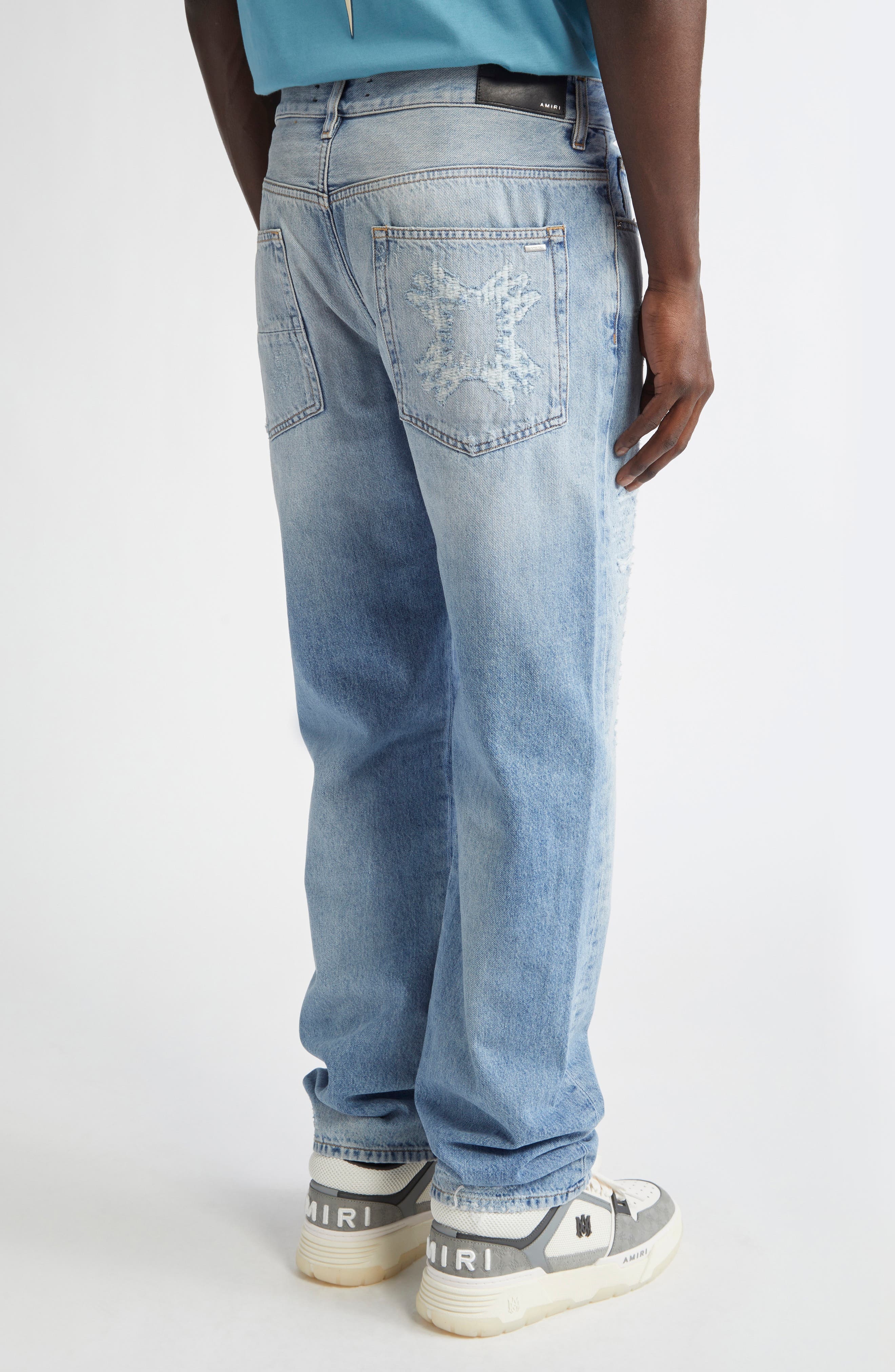 AMIRI MA Quad Rip & Repair Straight Leg Jeans in Surf Indigo at Nordstrom - 3