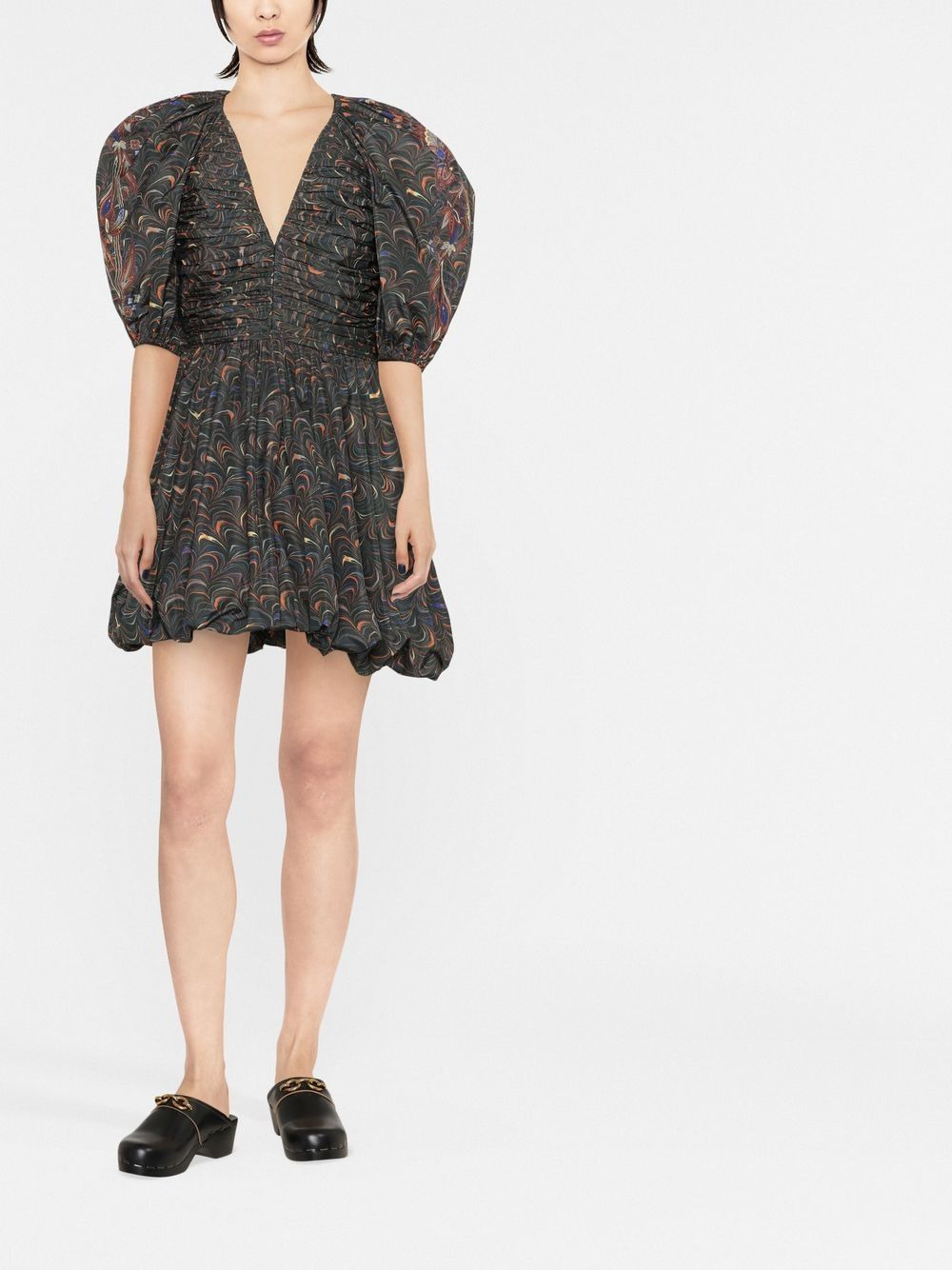marbled puff-sleeve ruched dress - 2