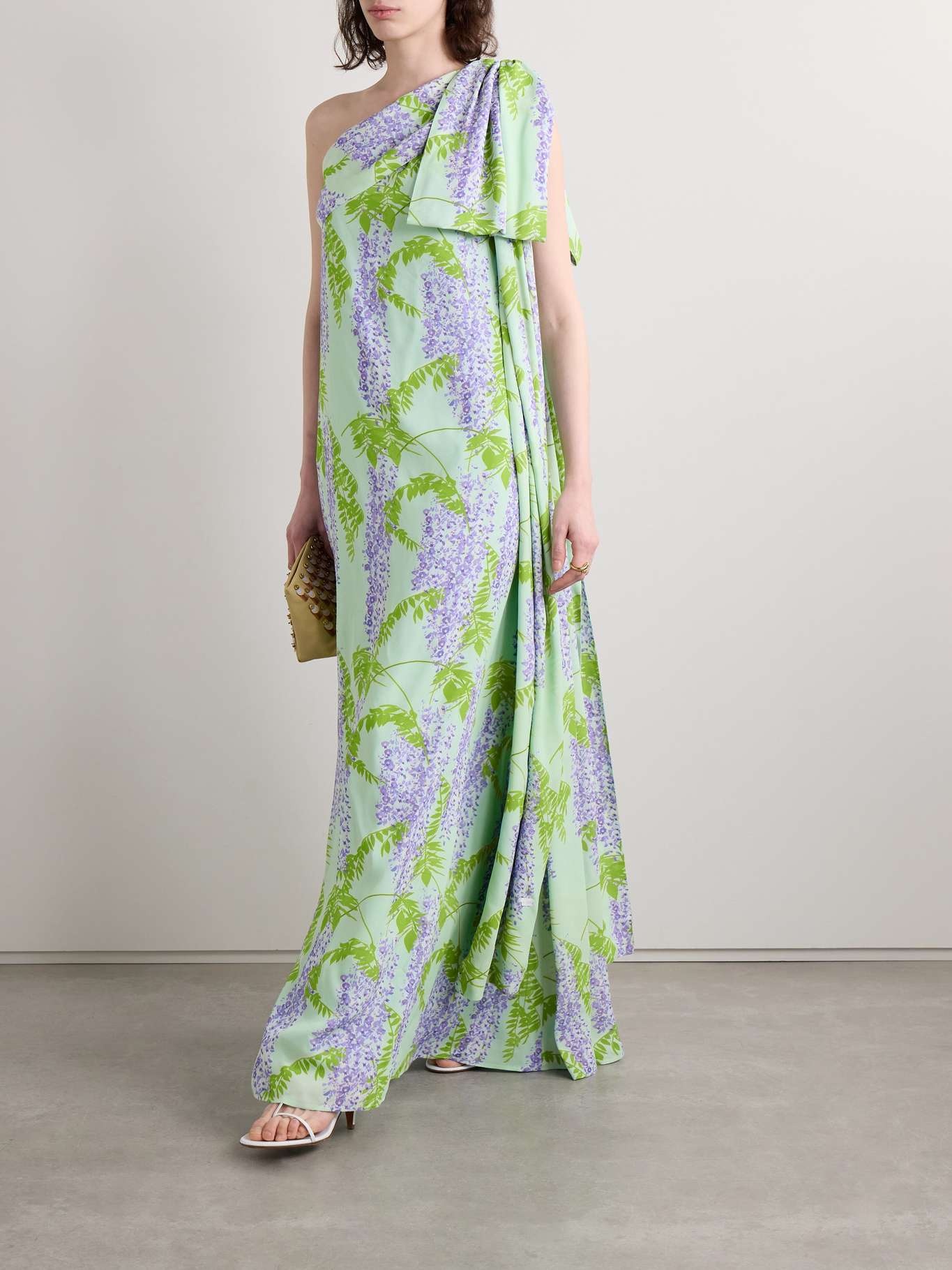 BERNADETTE Gala one-shoulder draped floral-print crepe maxi