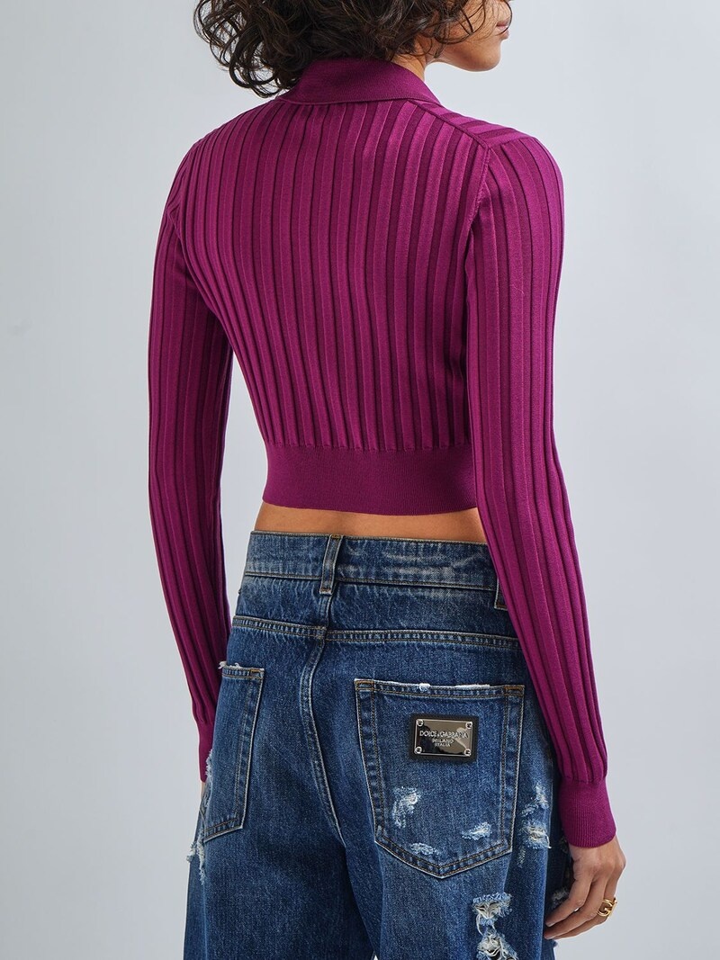 Silk rib knit polo crop sweater - 3