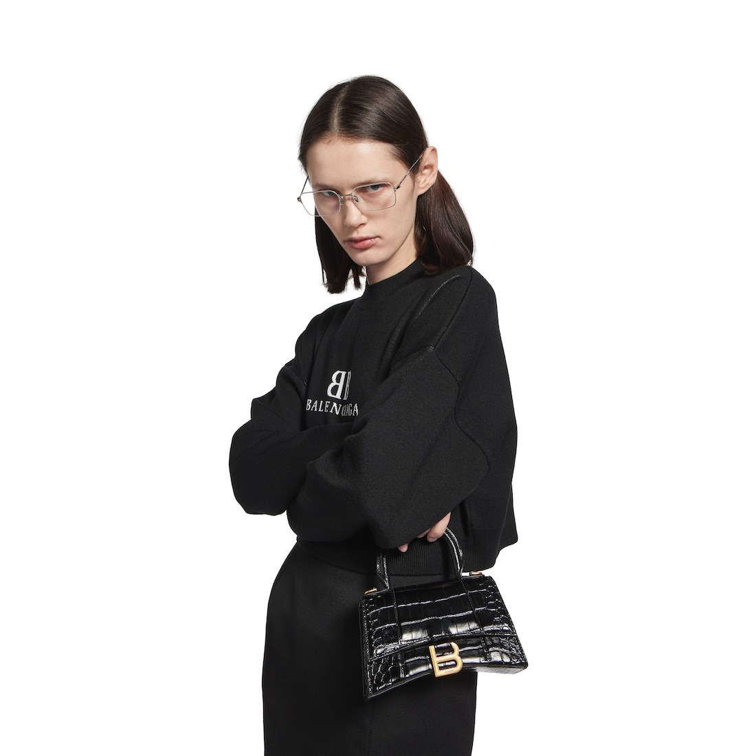 Women's Hourglass Xs Handbag Crocodile Embossed in Black - 8