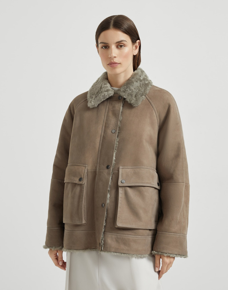 Fuzzy shearling outerwear jacket with shiny trim 1