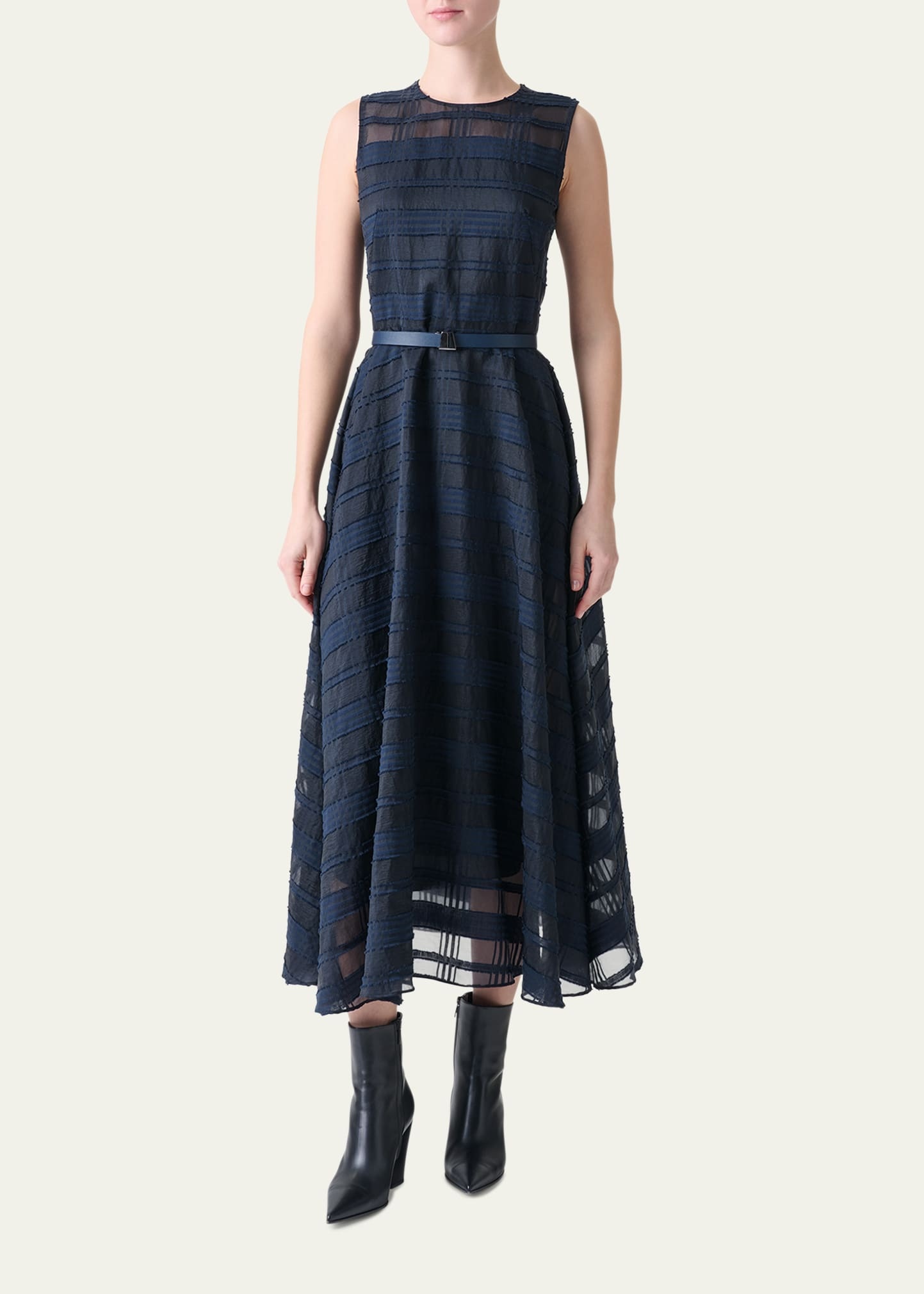 Organdy Plaid Sleeveless A-Line Midi Dress With Belt - 2