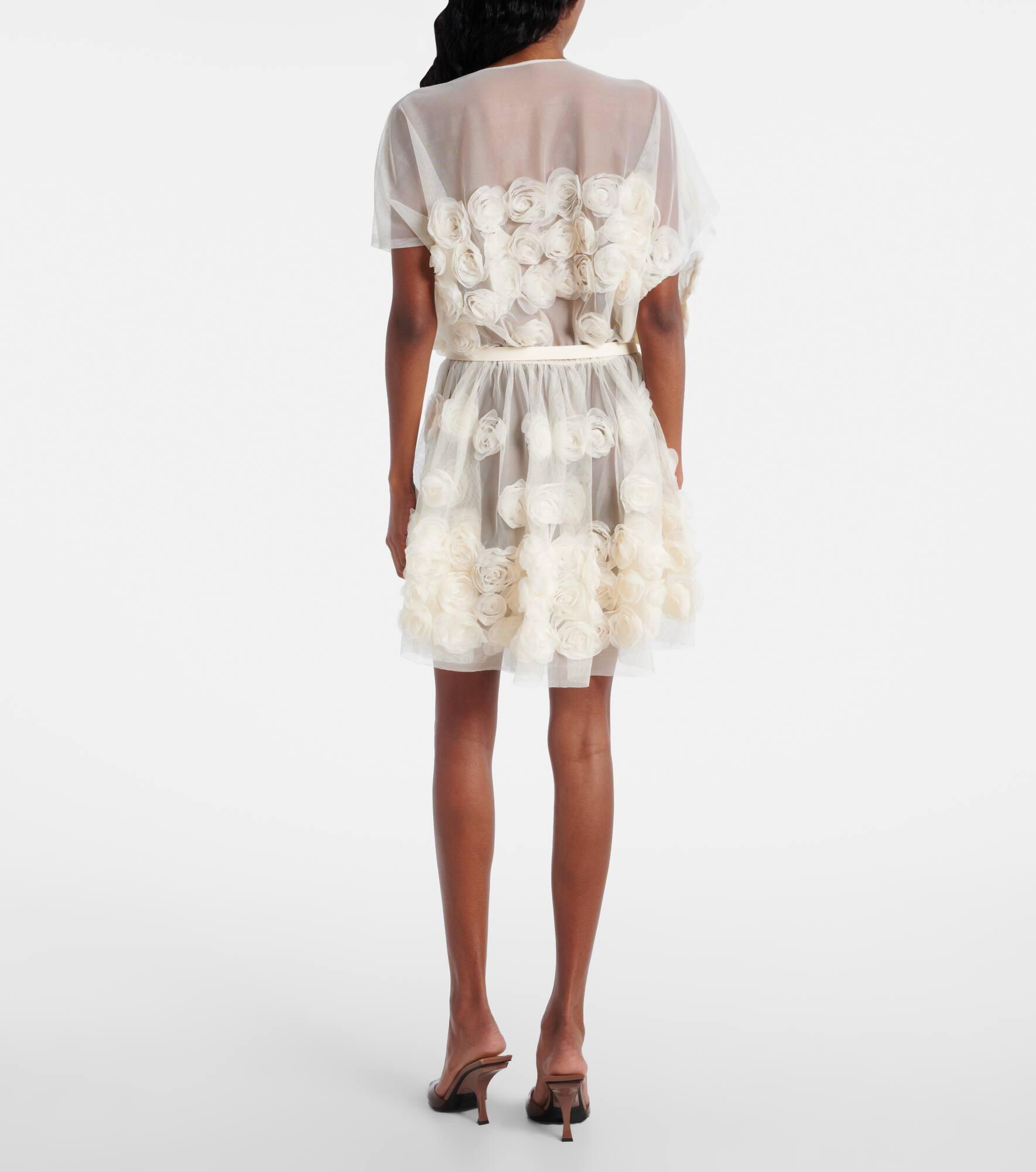Bridal floral-appliqué belted tulle minidress - 3