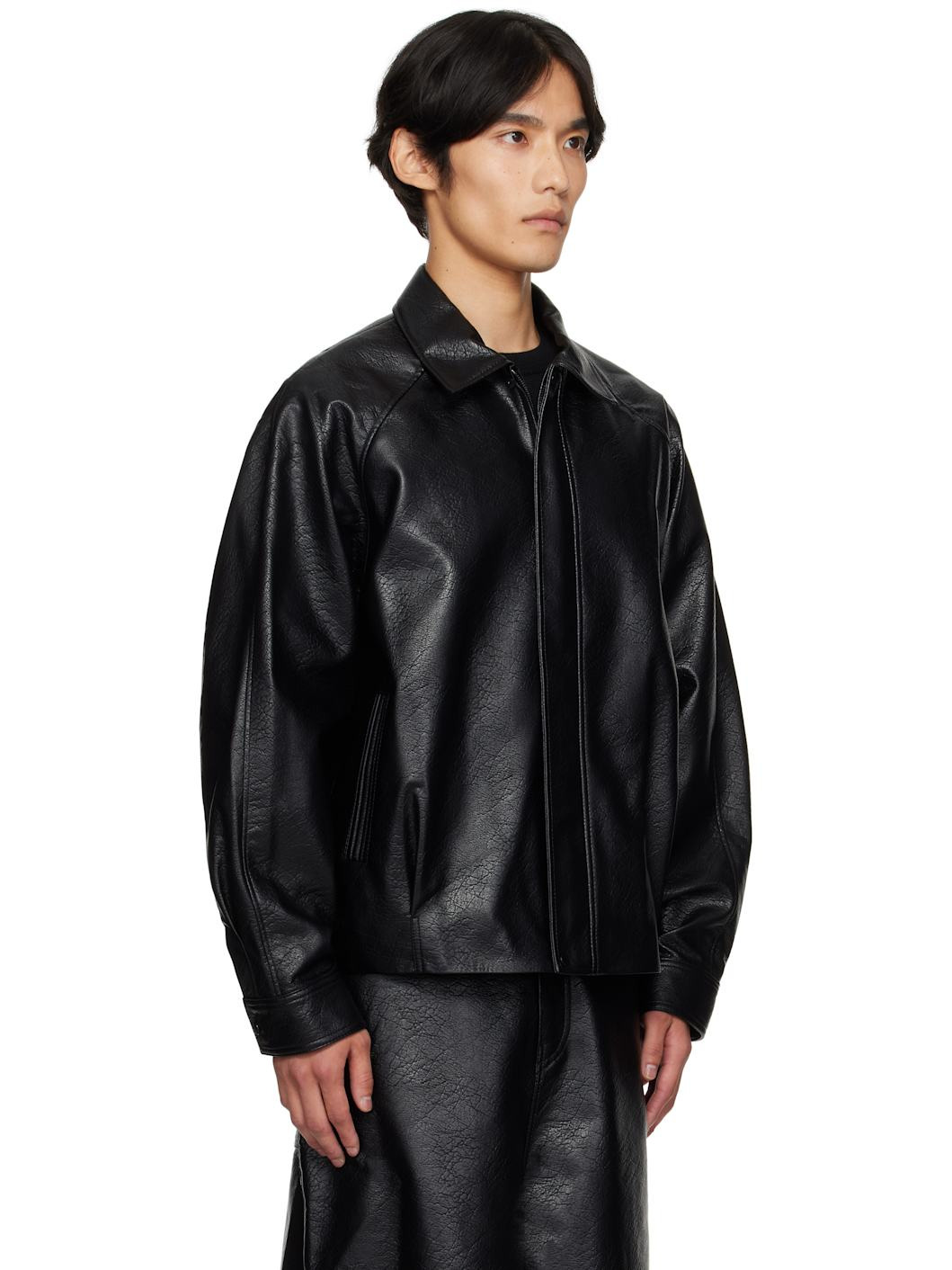 Black Grained Faux-Leather Jacket - 2