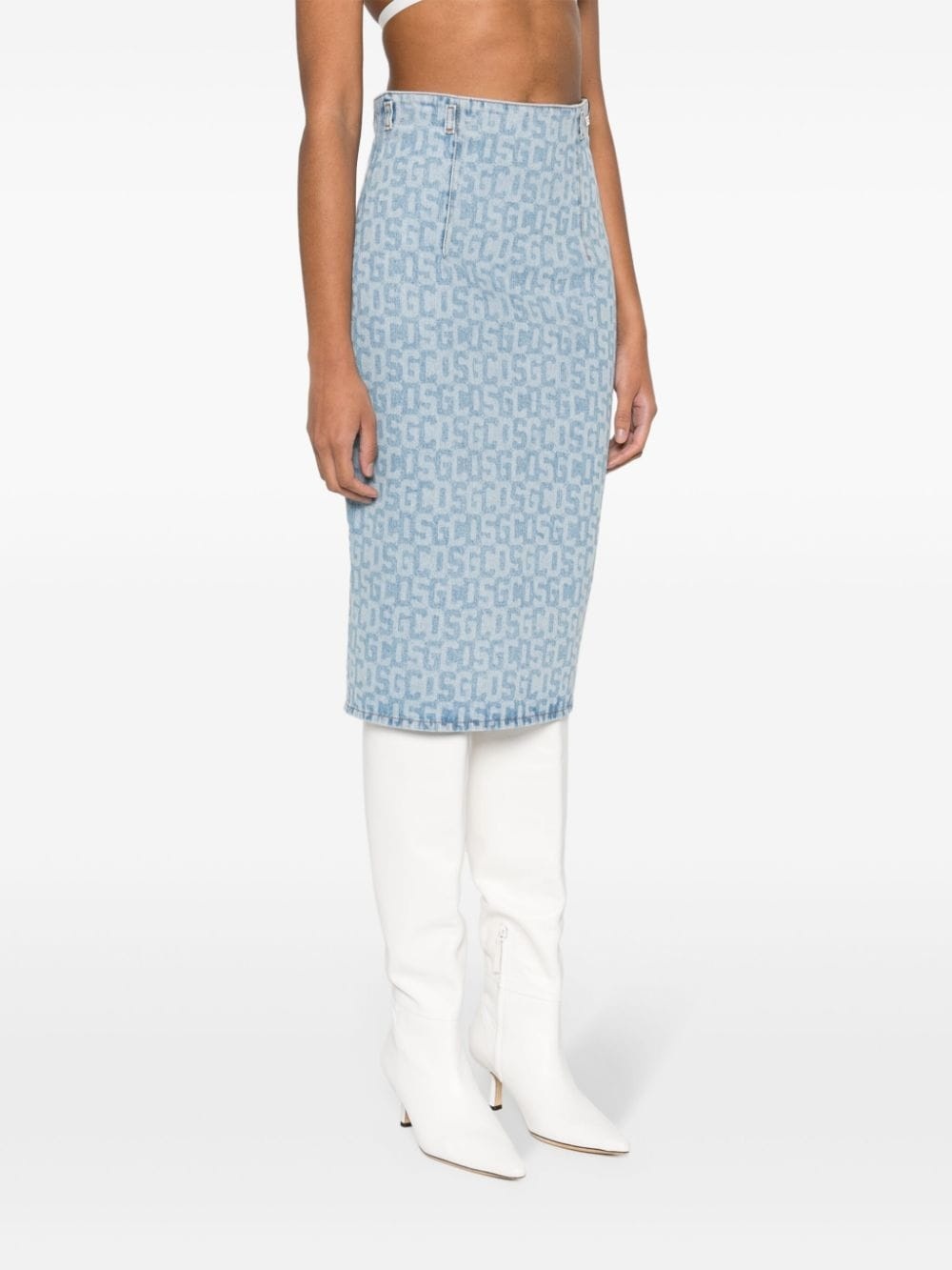 monogram-pattern denim pencil skirt - 3