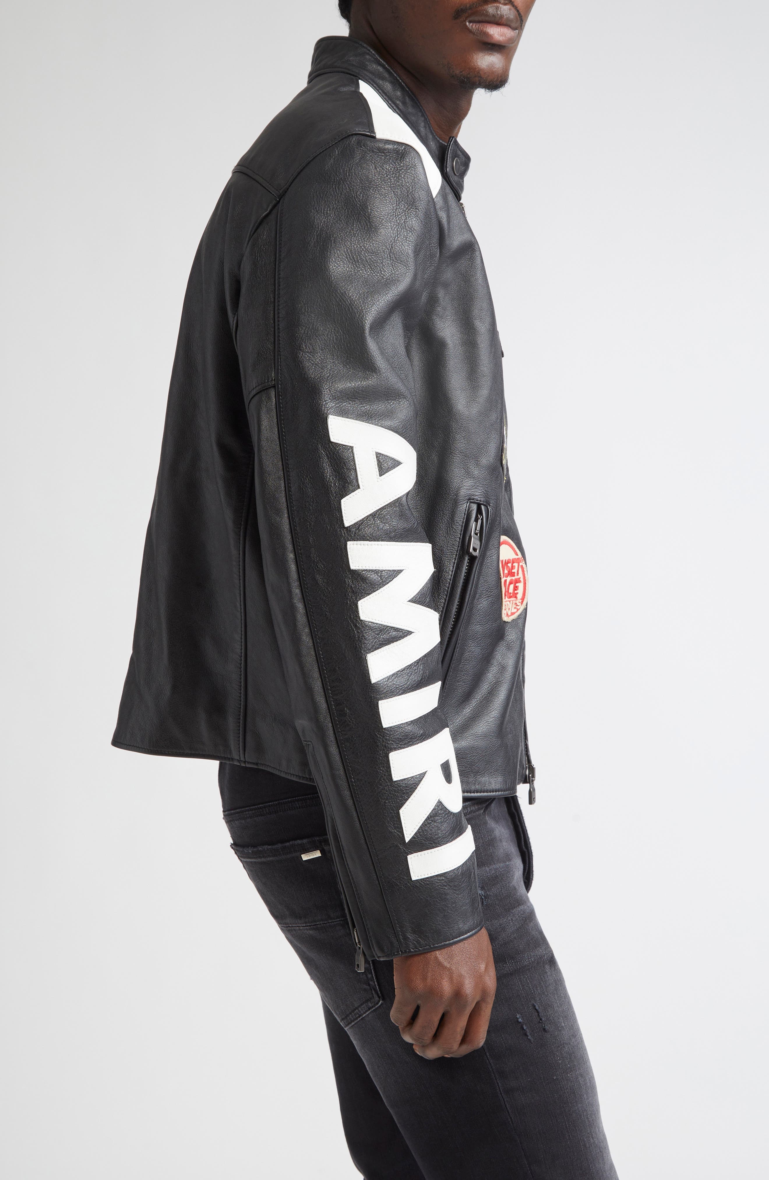 AMIRI Patches Leather Racer Jacket in Black at Nordstrom - 4